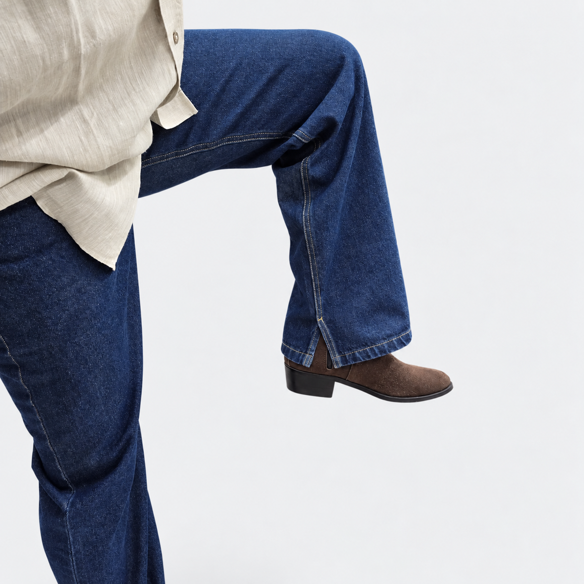 Midnight Raw Straight Wide-Leg Jeans with Inner Side Slit