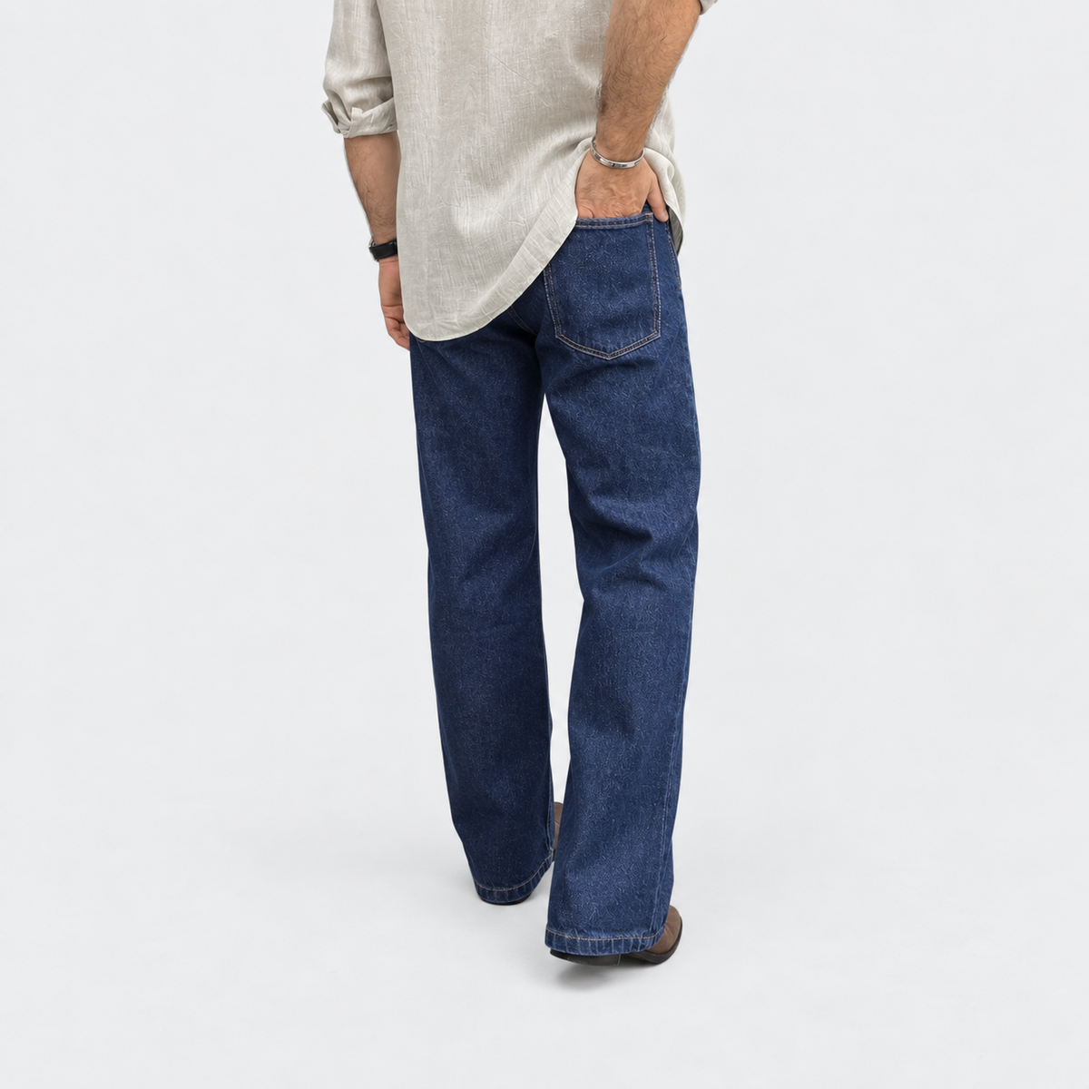 Midnight Raw Straight Wide-Leg Jeans with Inner Side Slit