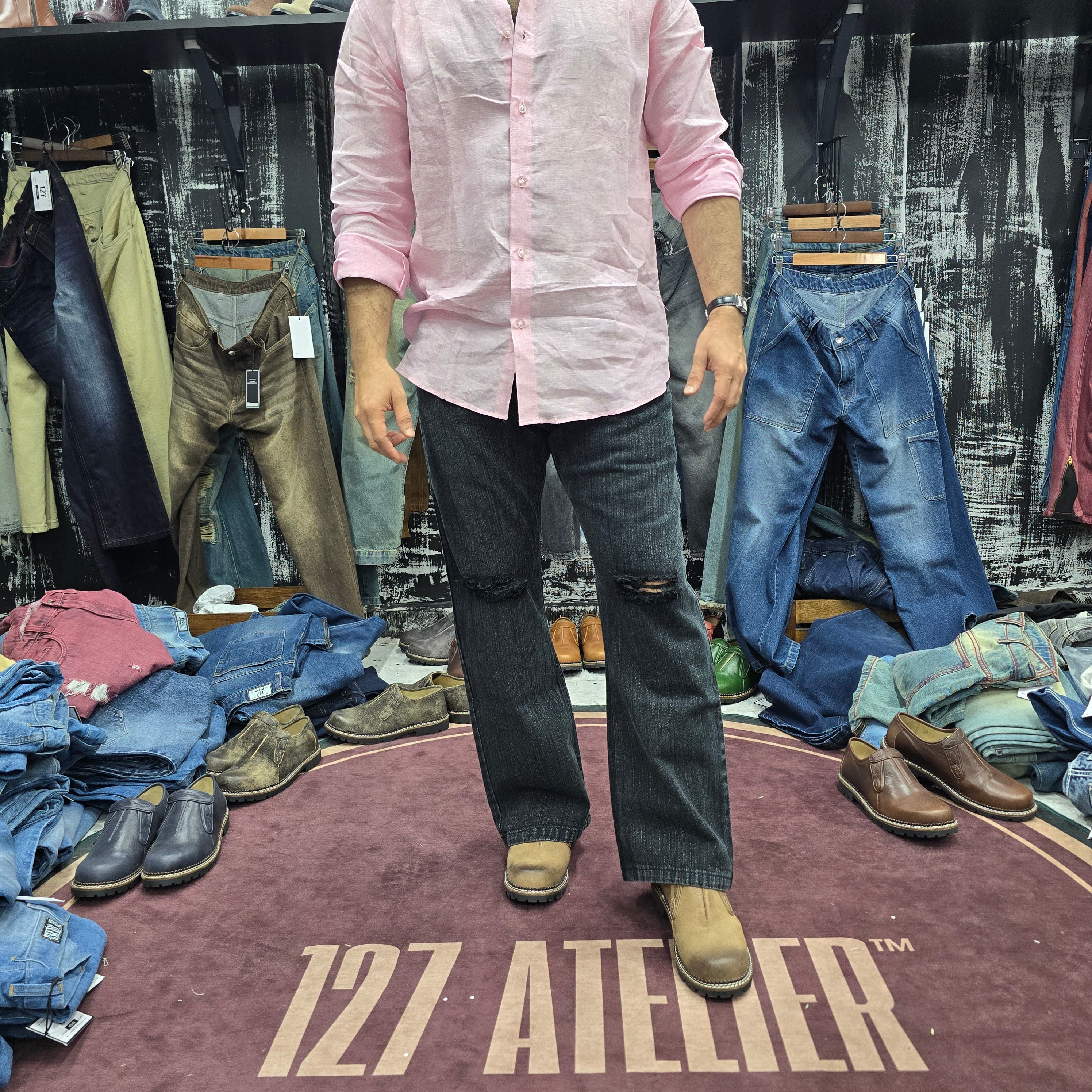 Charcoal Slub Bootcut Jeans with Distressed Knees