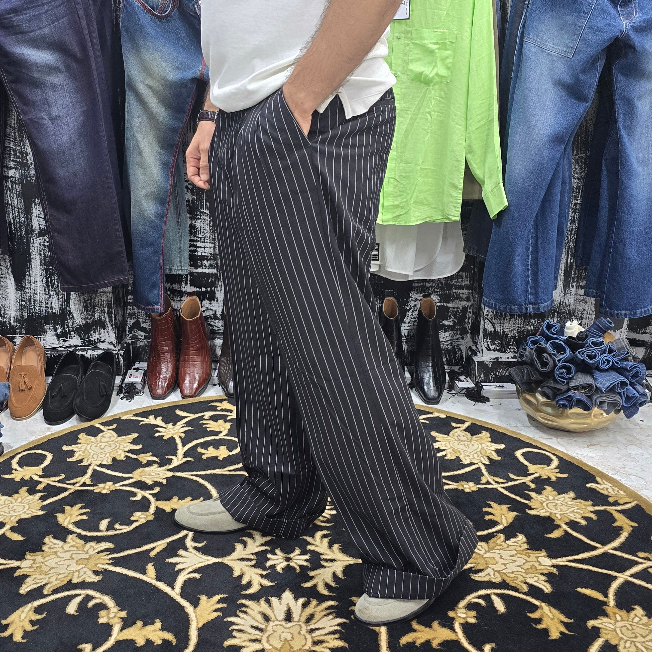 Midnight Pinstripe Wide Leg Trousers