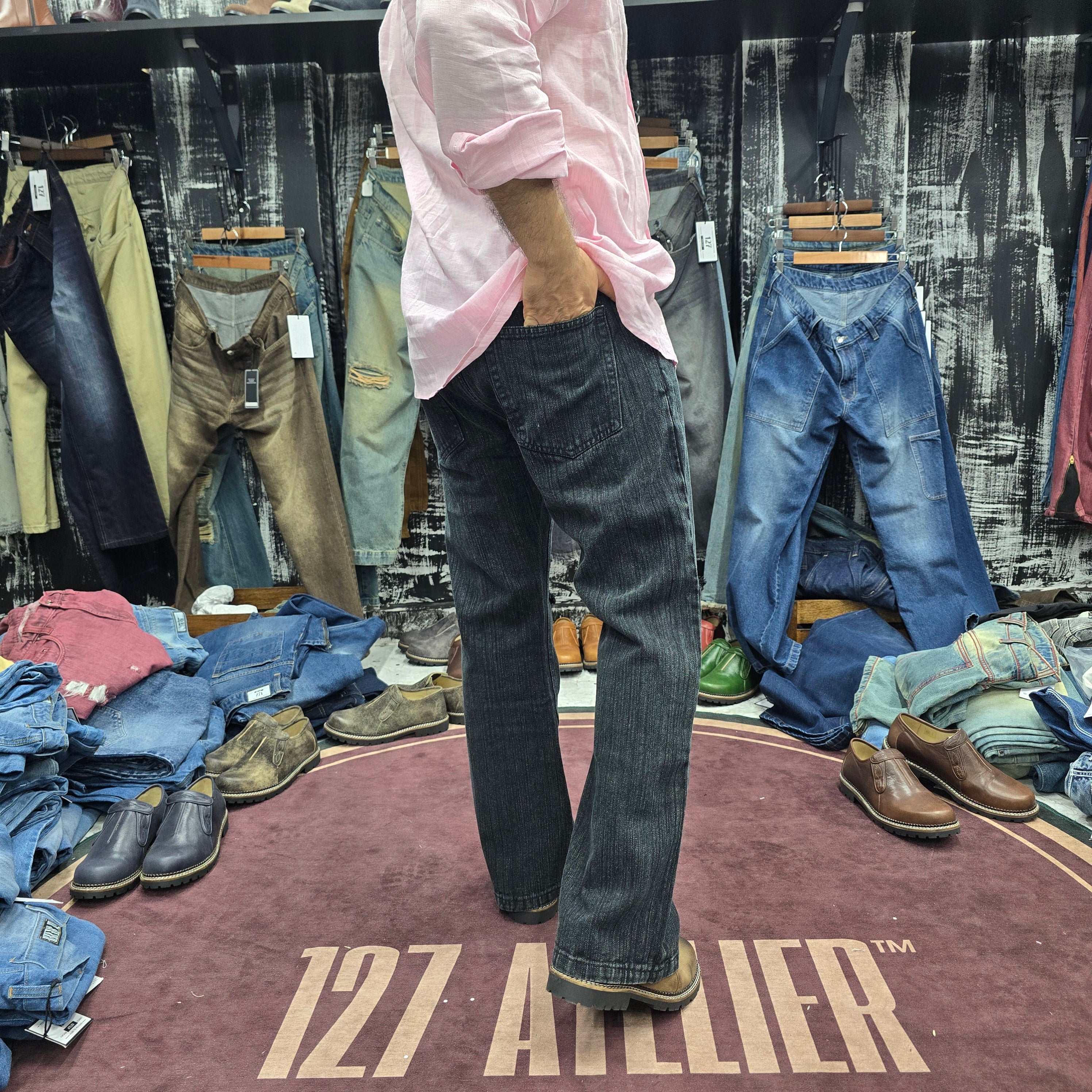 Charcoal Slub Bootcut Jeans with Distressed Knees