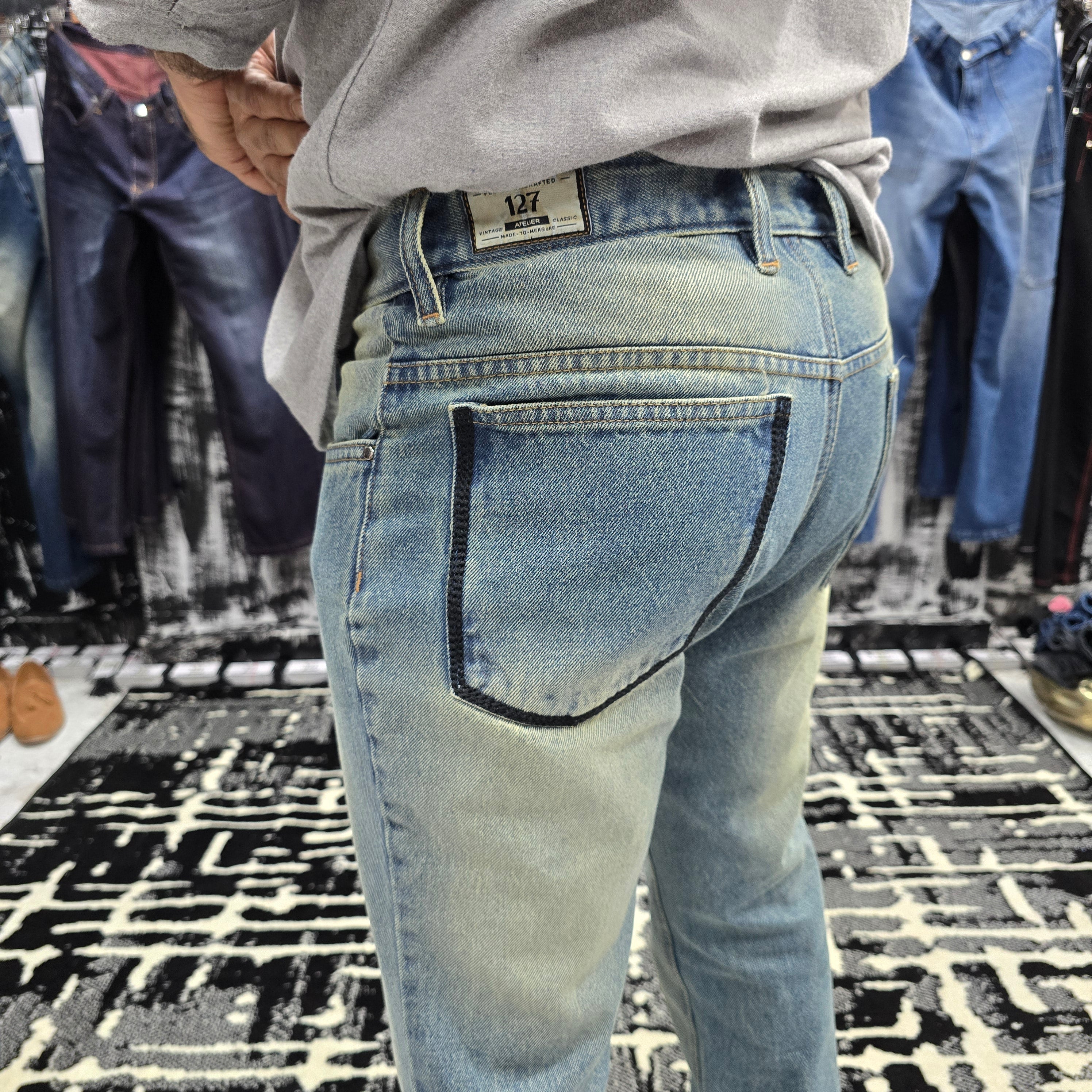 Tinted Blue Embroidered Semi Bootcut Jeans