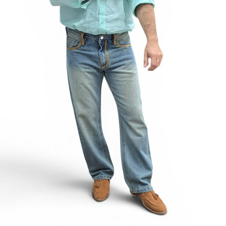 Vintage Sky Blue Jeans with Mustard Embroidered Detailing