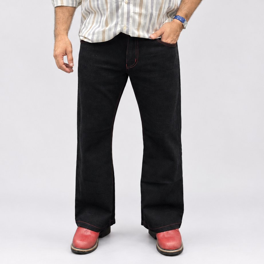 Jet Black Semi Bootcut Jeans with Red Contrast Stitching