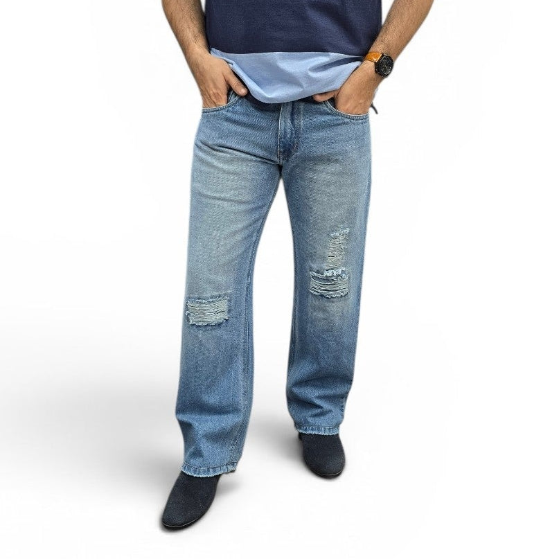 Sky Fade Distressed Wide-Leg Jeans