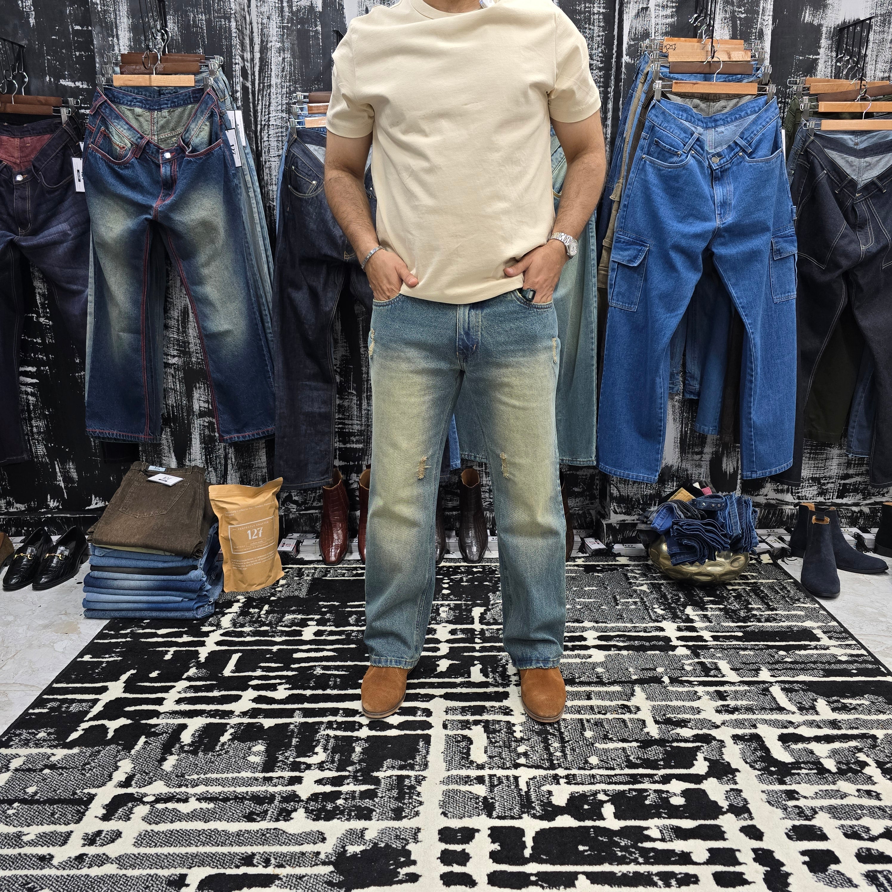 Dust Fade Semi Bootcut Jeans In Vintage Blue Wash