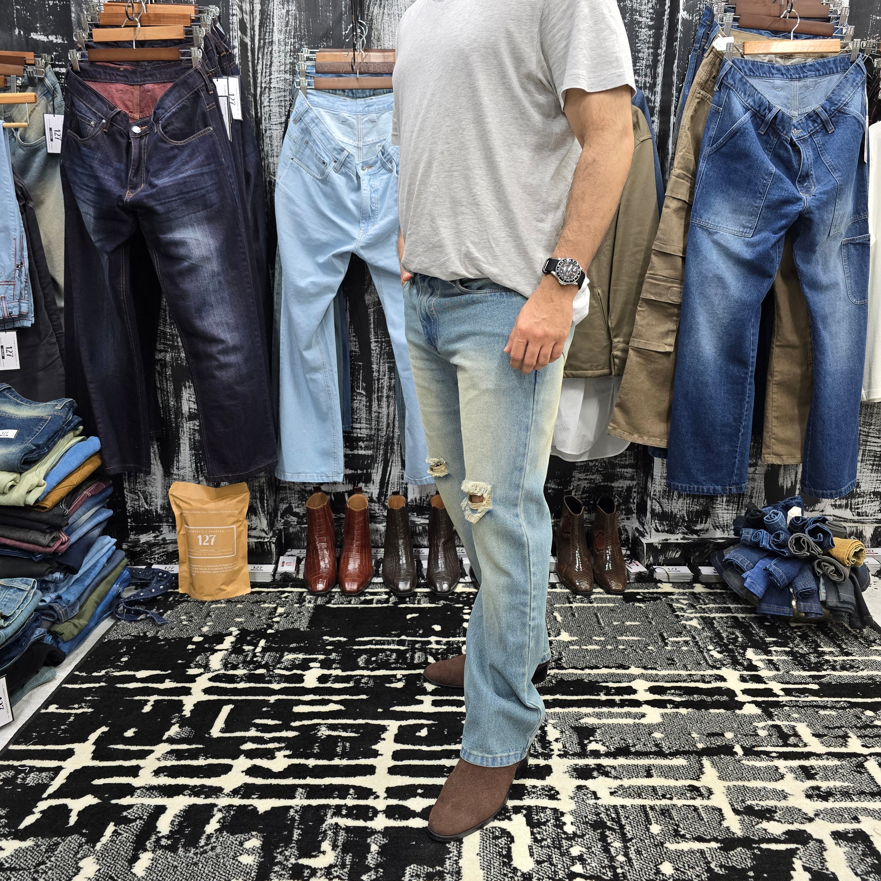 Ice Blue Distressed Semi Bootcut Jeans