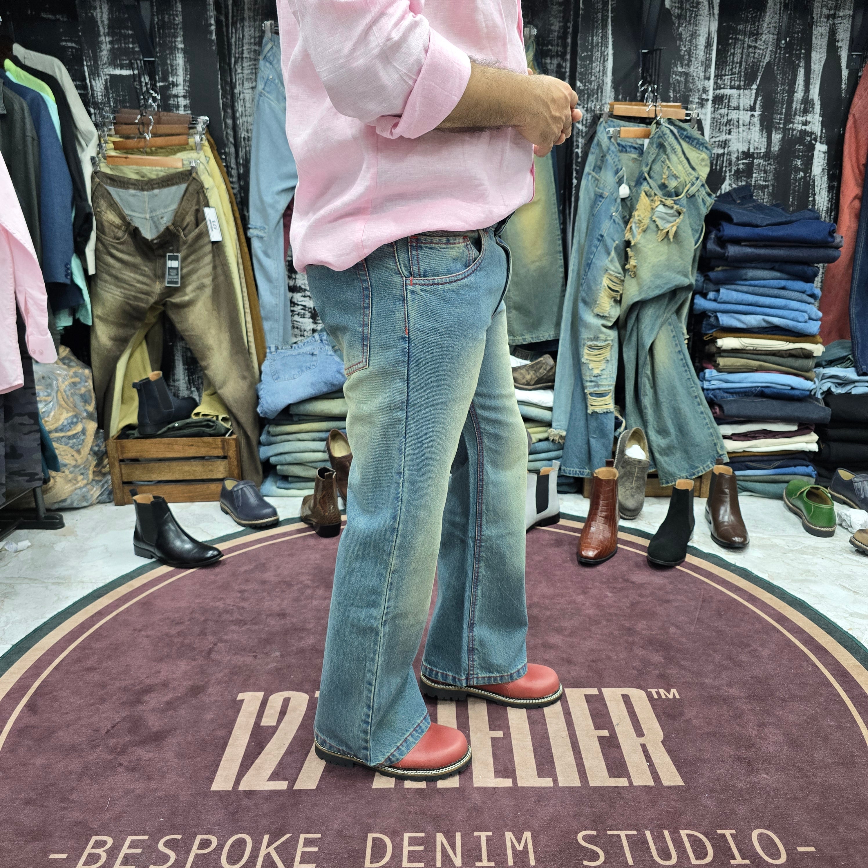 Vintage Monkey Wash Bootcut Jeans With Red Contrast stitching