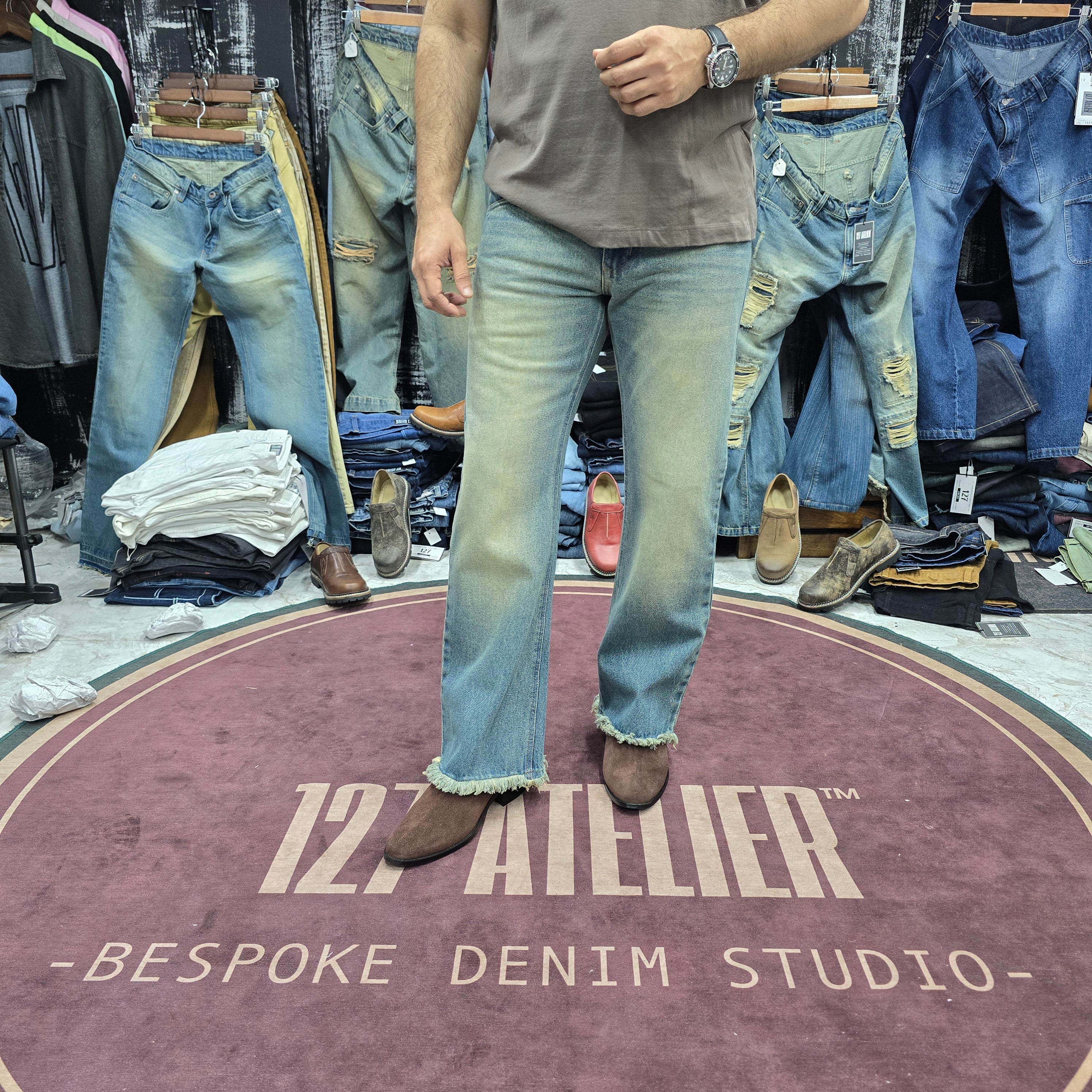 Vintage Light Blue Semi Bootcut Jeans With Rugged Frayed Hem