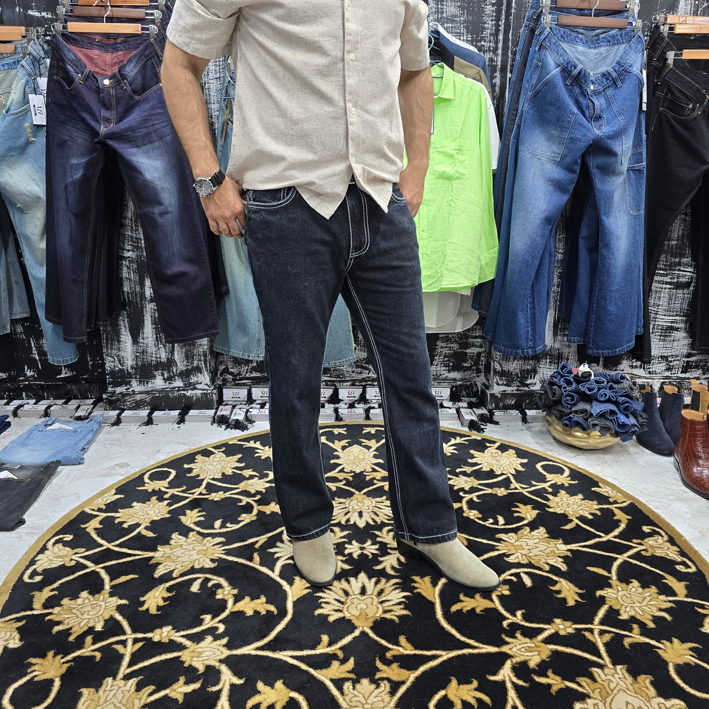 Midnight Black Semi Bootcut Jeans with Bold Contrast Stitching