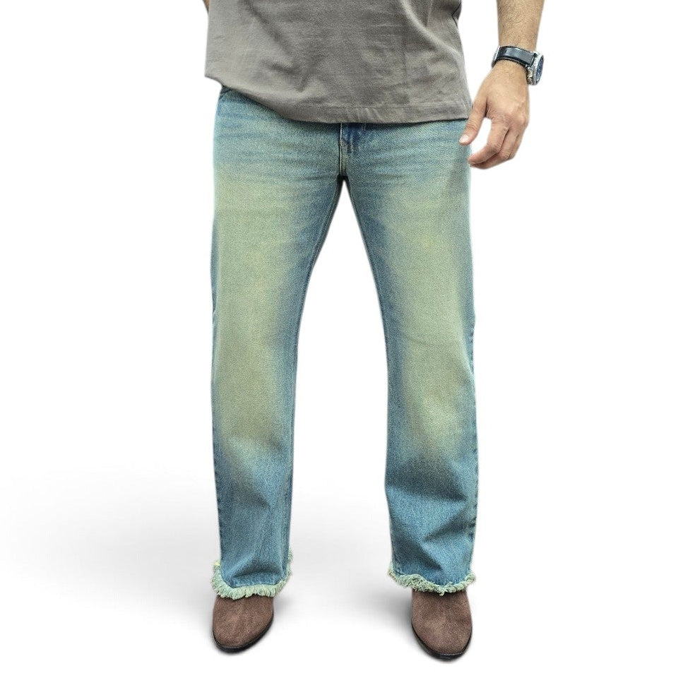 Vintage Light Blue Semi Bootcut Jeans With Rugged Frayed Hem