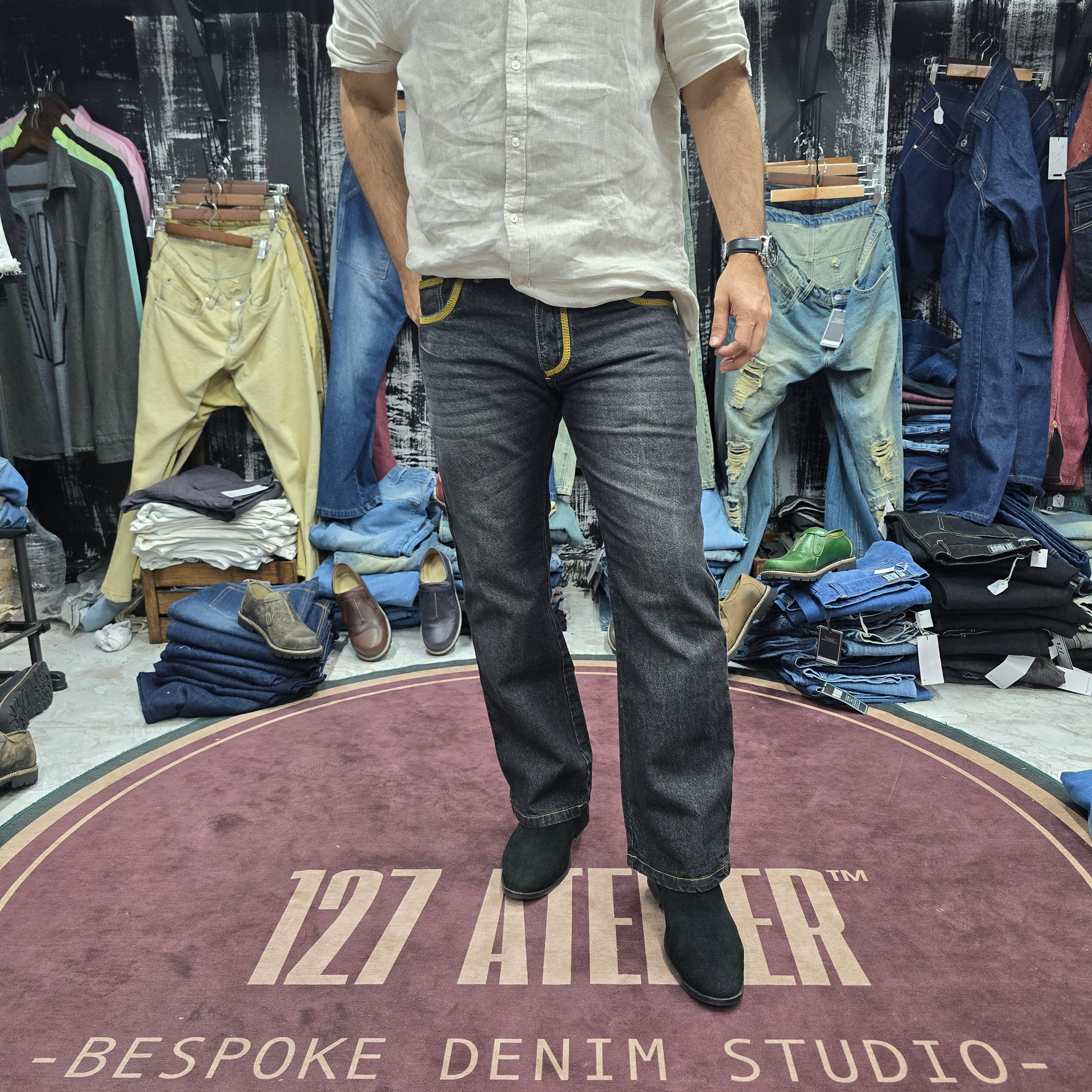Charcoal Side Stripe Embroidered Straight cut Jeans