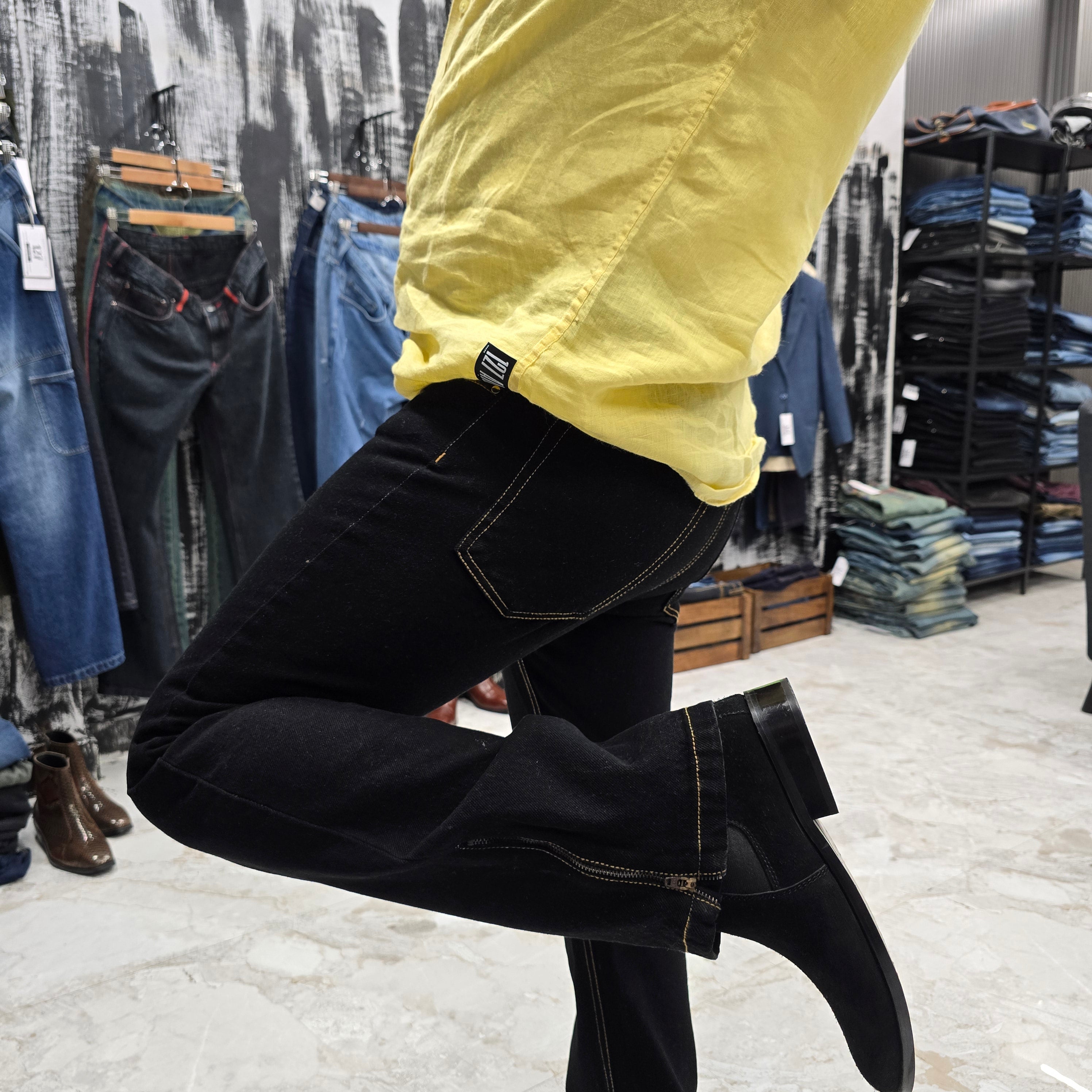Jet Black Multifunctional Bottom Zip Jeans with Contrast Stitching