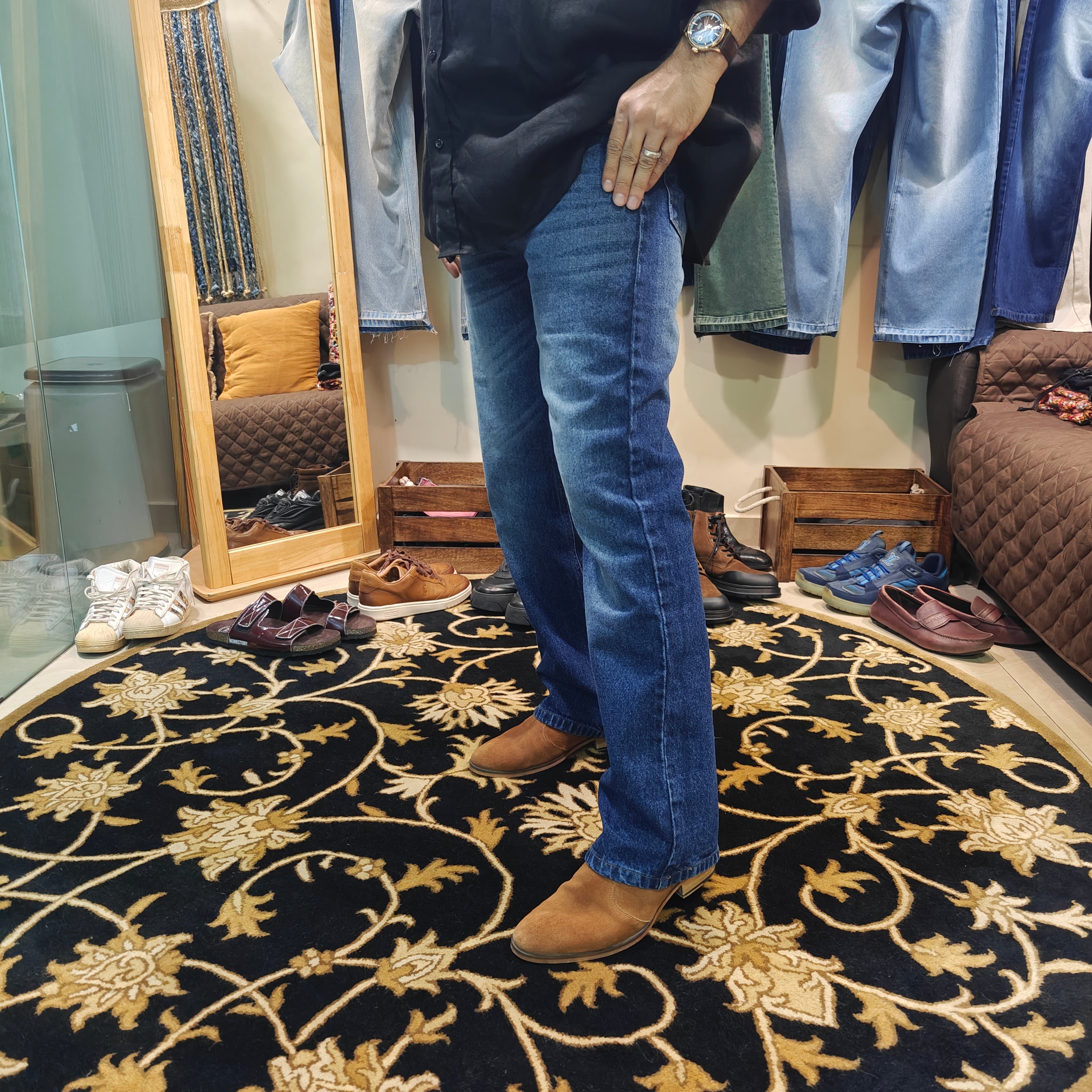 Classic Blue Semi Bootcut Jeans Whiskers Effect