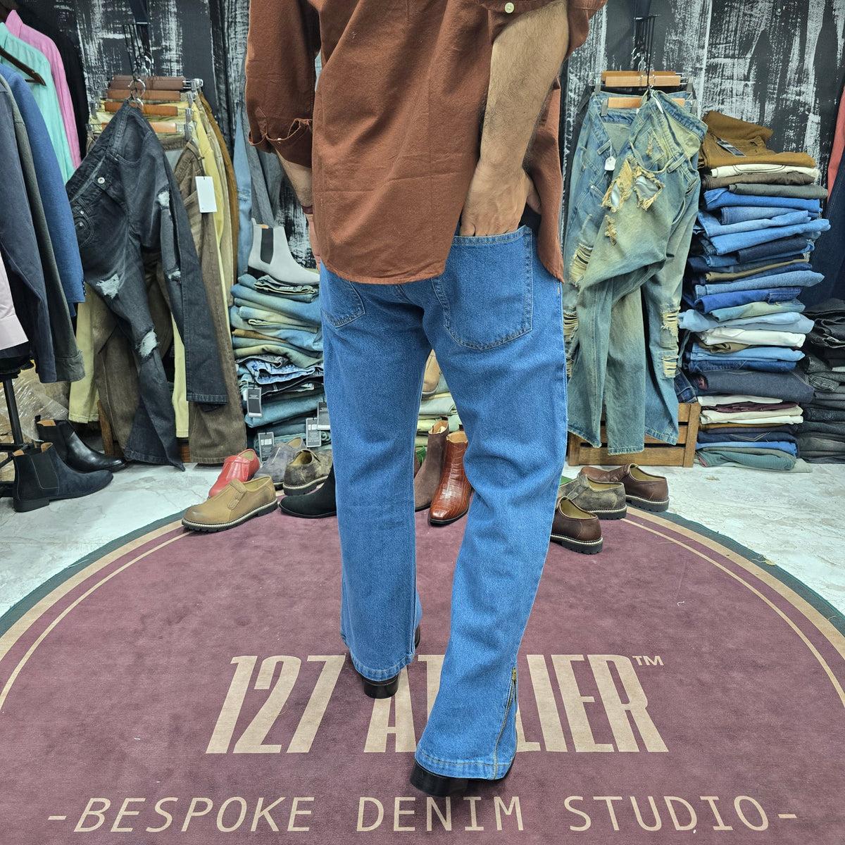 Mid Blue Side-Zip Bootcut Jean