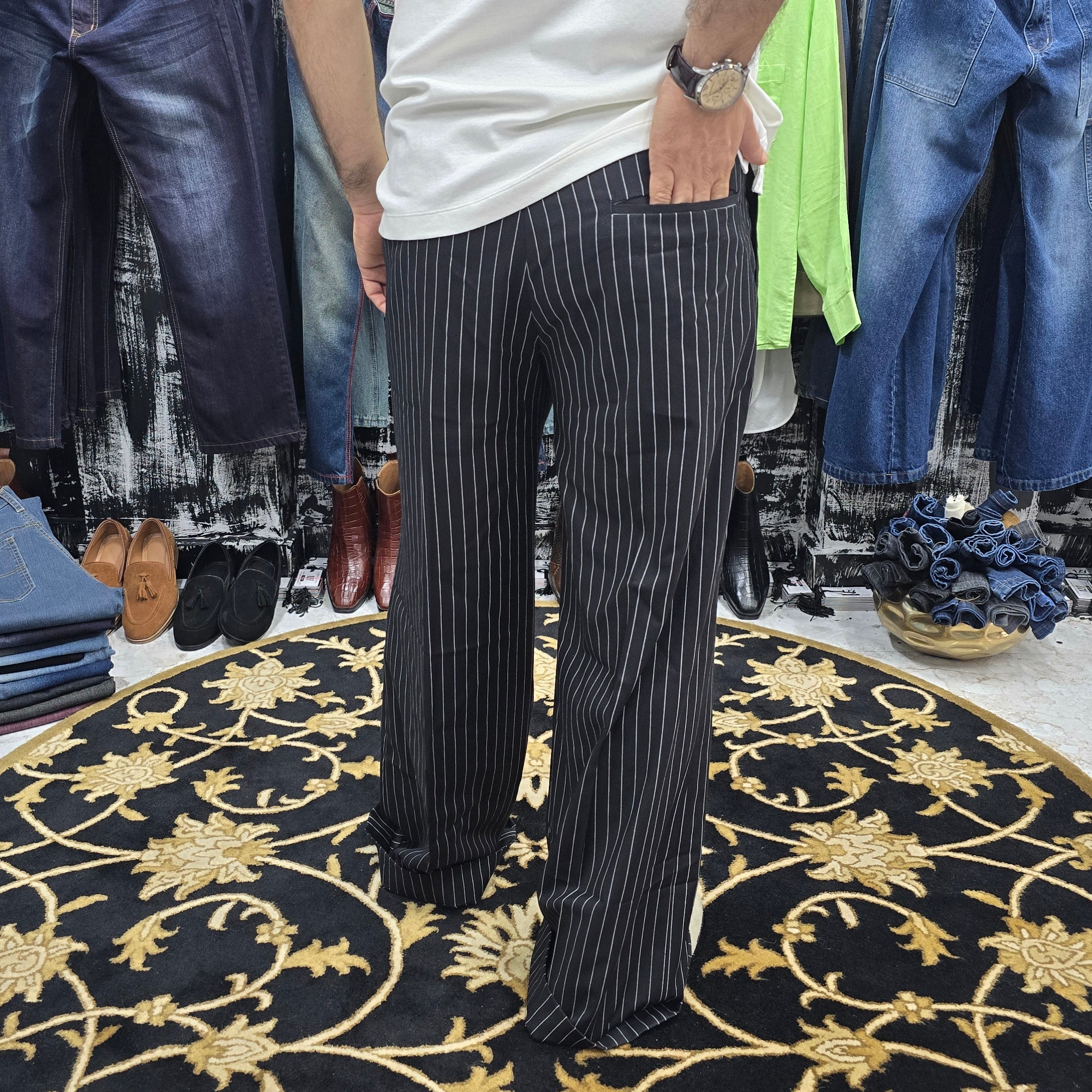 Midnight Pinstripe Wide Leg Trousers