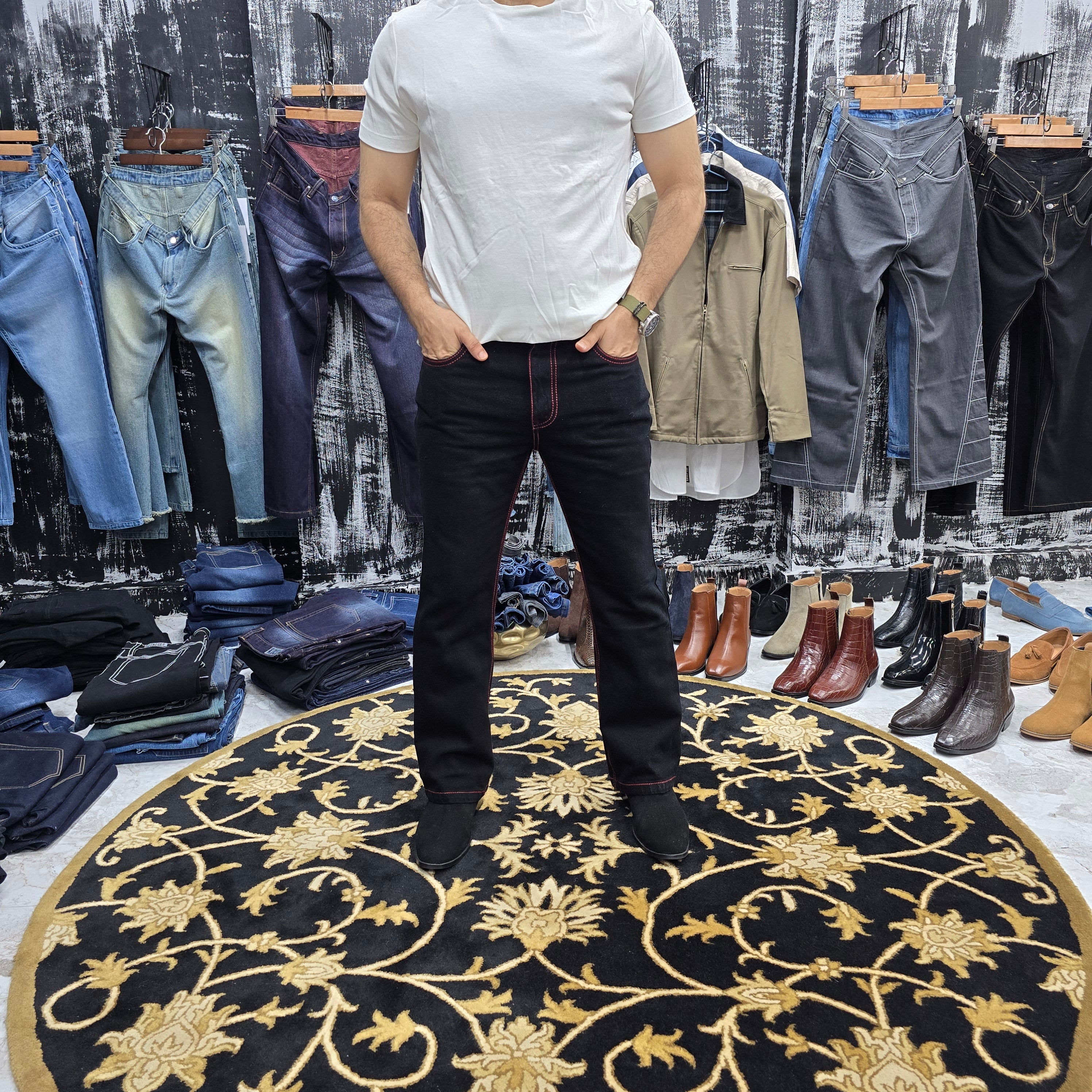 Jet Black Semi Bootcut Jeans with Bold Red Contrast Stitching