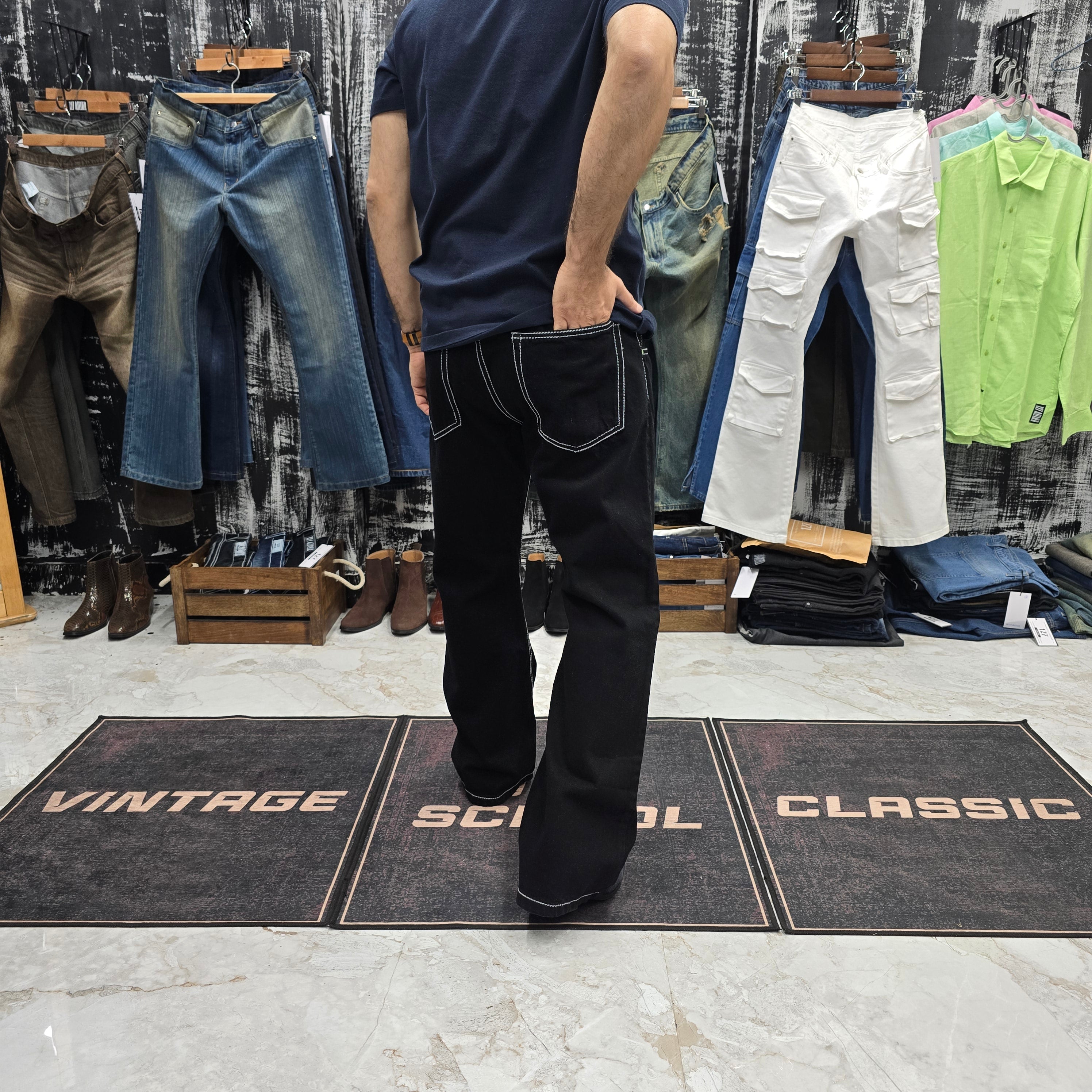 Jet Black Contrast Stitch Bootcut Jeans
