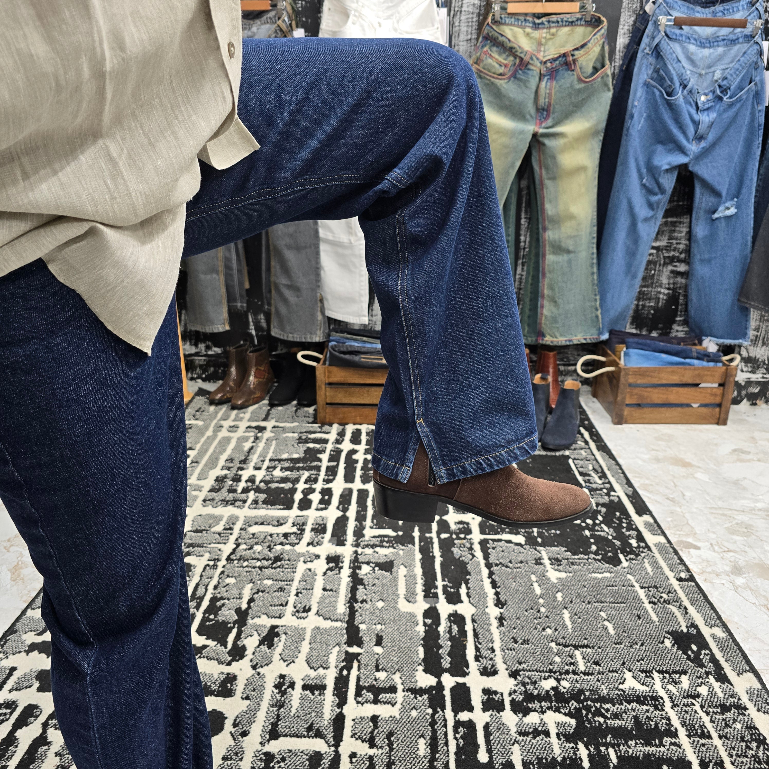 Midnight Raw Straight Wide-Leg Jeans with Inner Side Slit