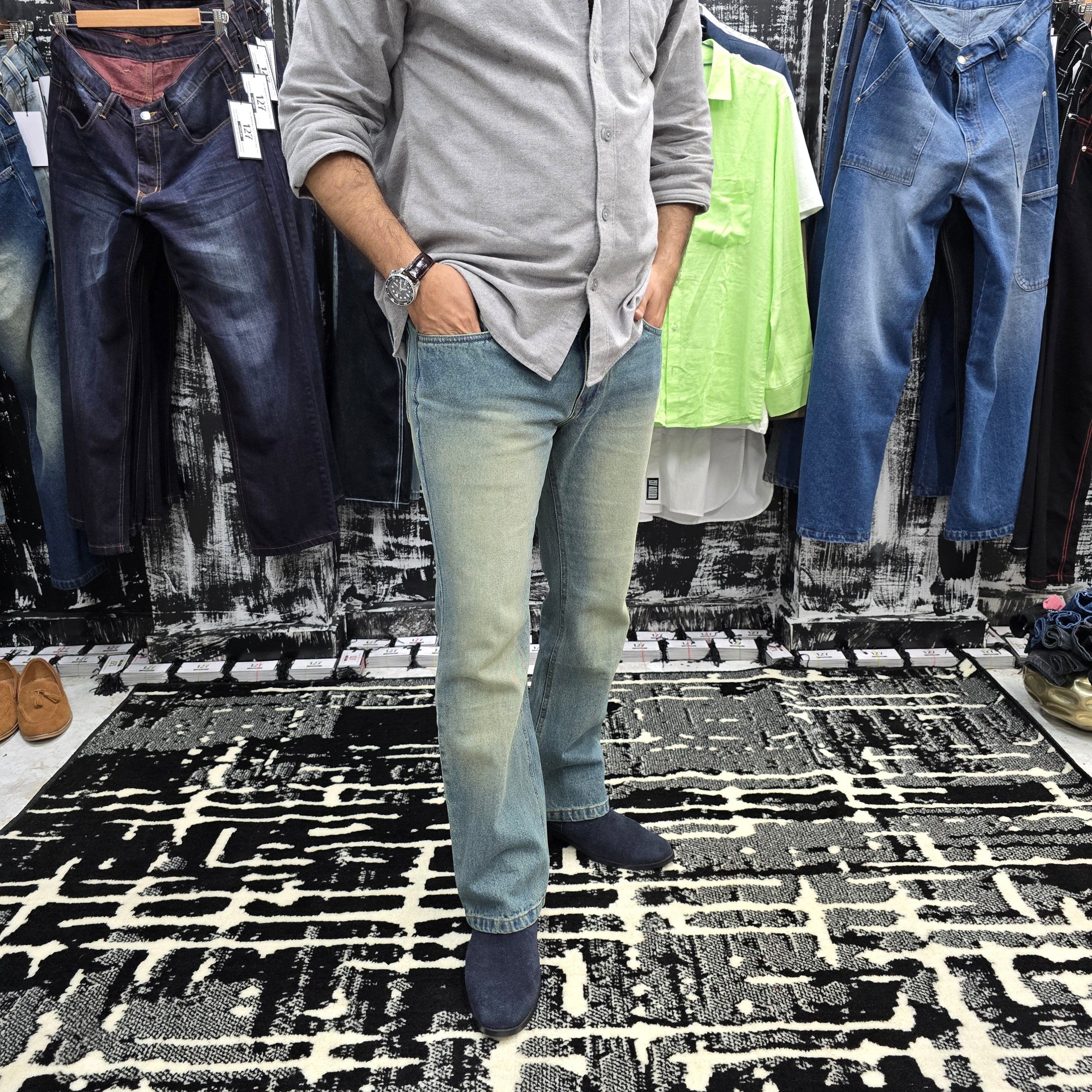 Tinted Blue Embroidered Semi Bootcut Jeans