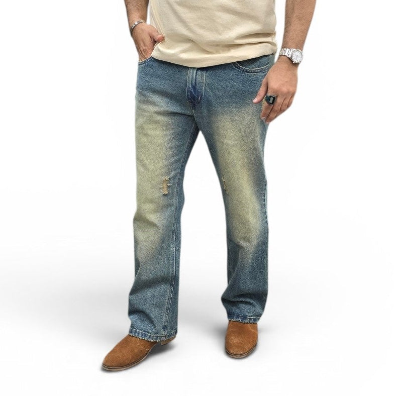 Dust Fade Semi Bootcut Jeans In Vintage Blue Wash