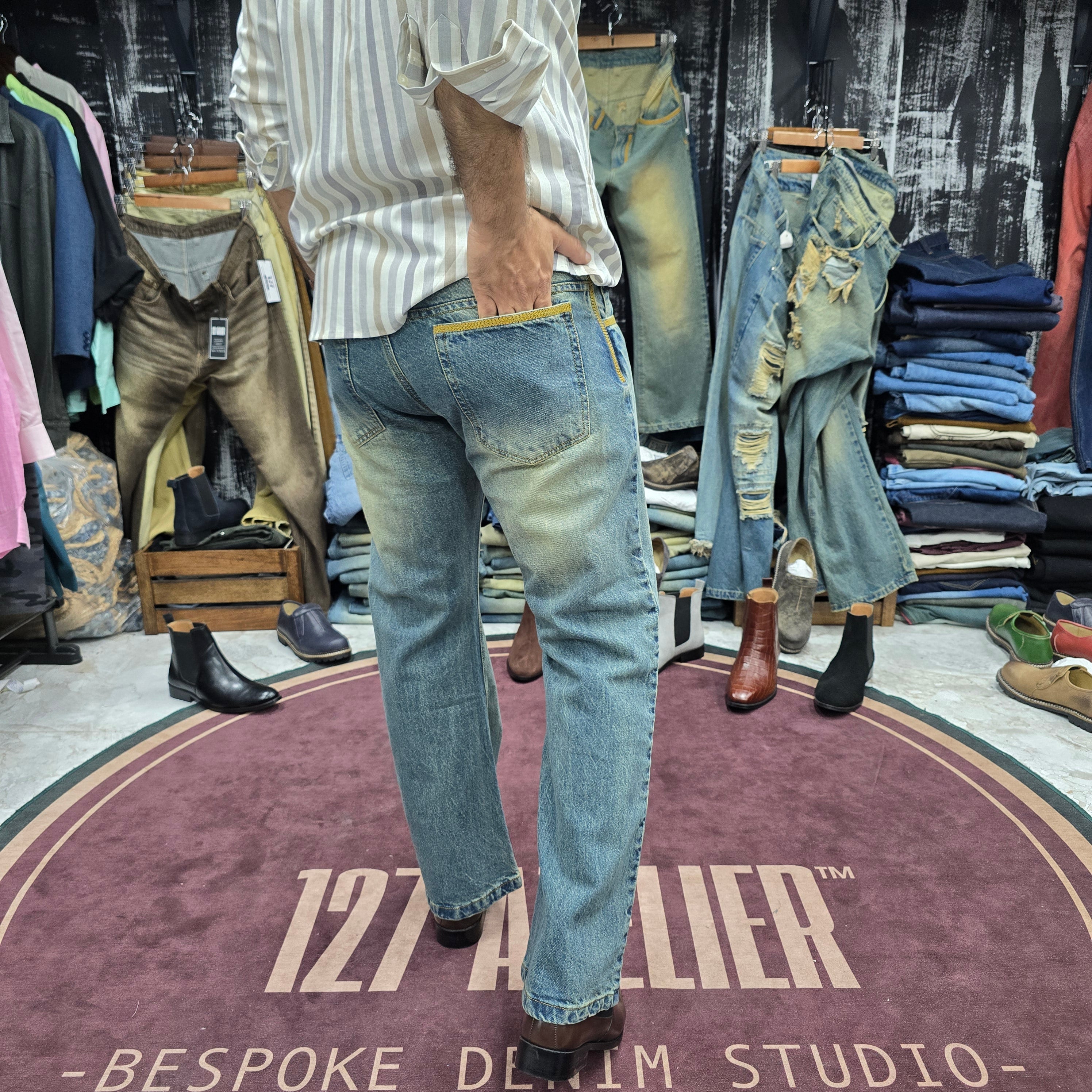 Dirty Blue Flared Bootcut Jean with Hand-Stitched Contrast Embroidery