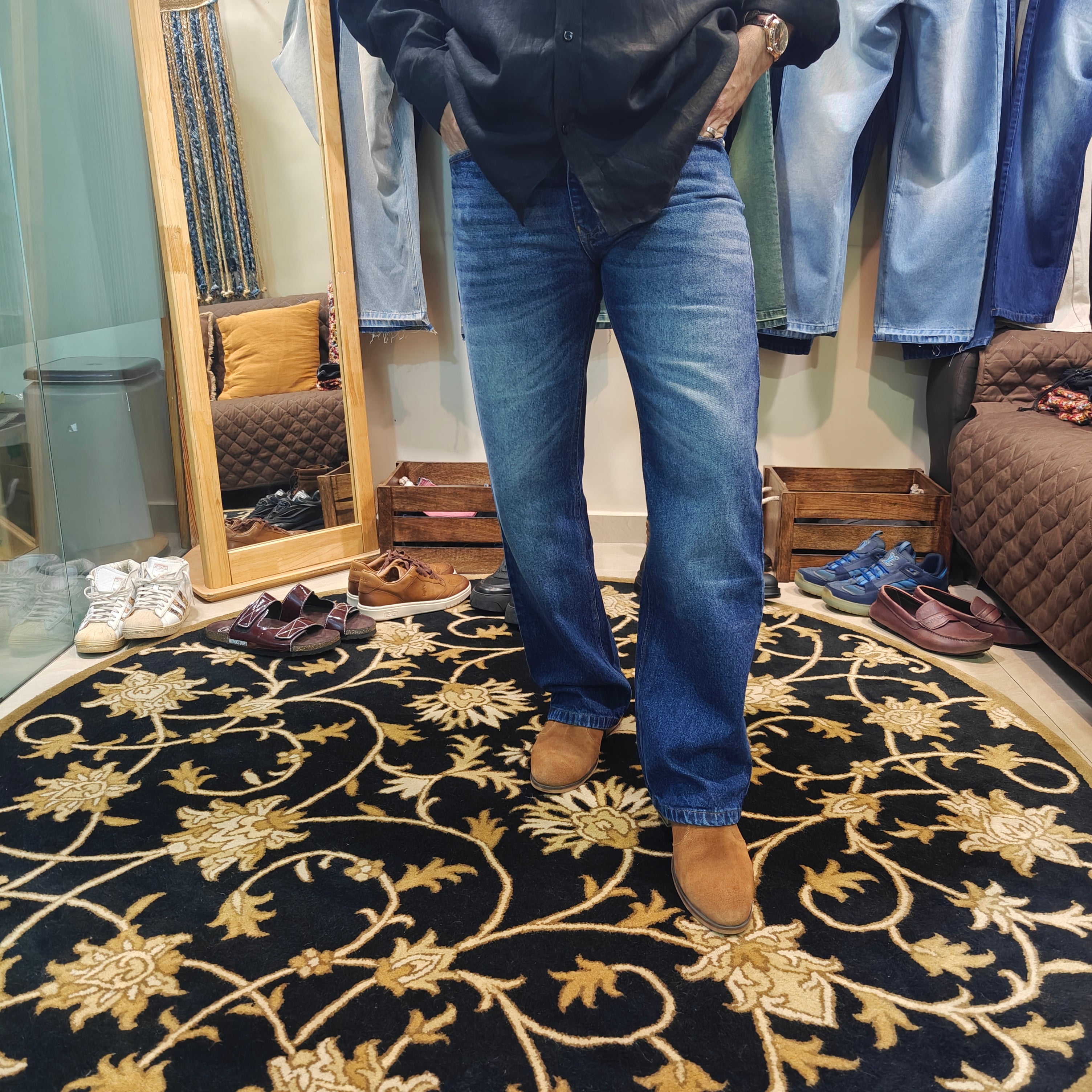 Classic Blue Semi Bootcut Jeans Whiskers Effect