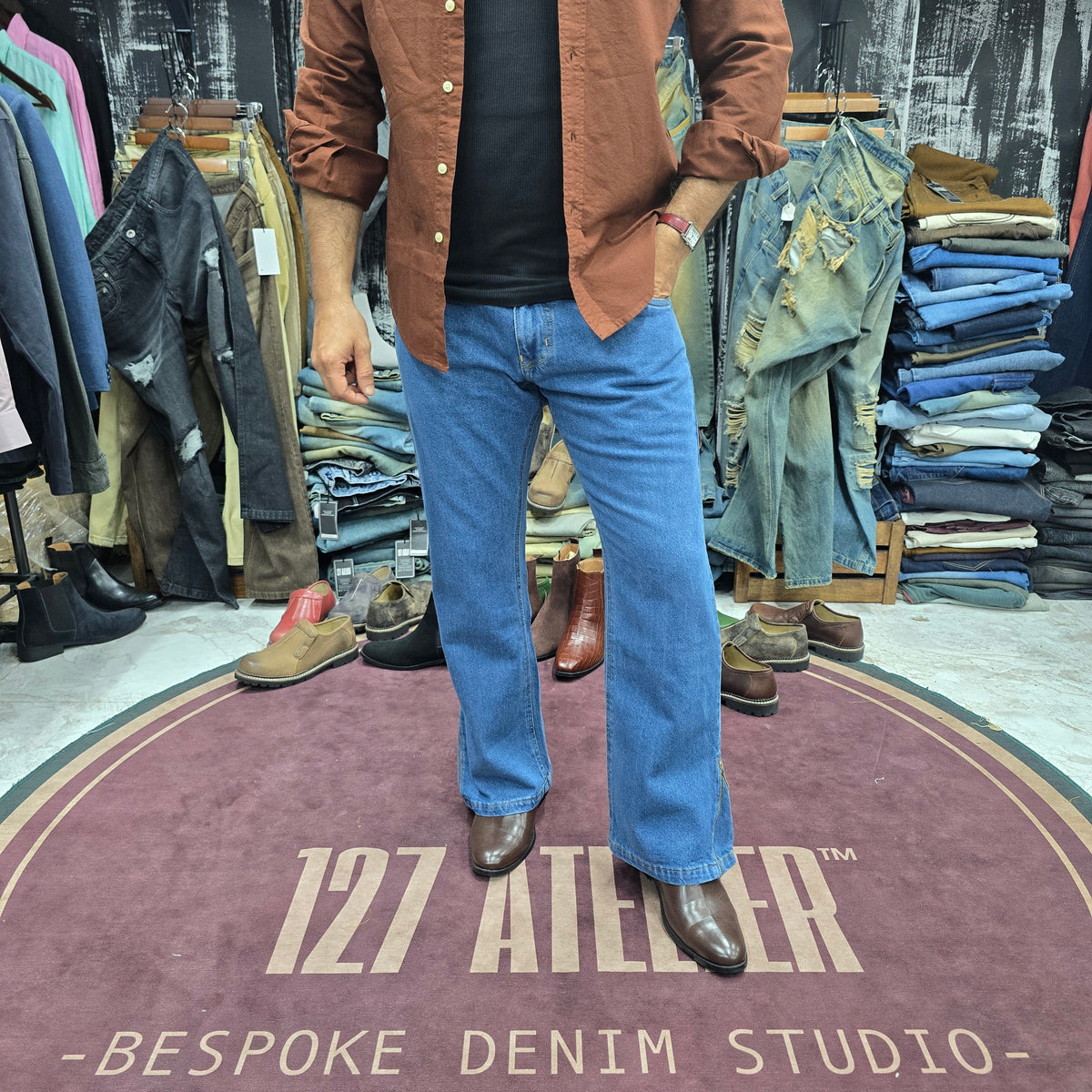Mid Blue Side-Zip Bootcut Jean