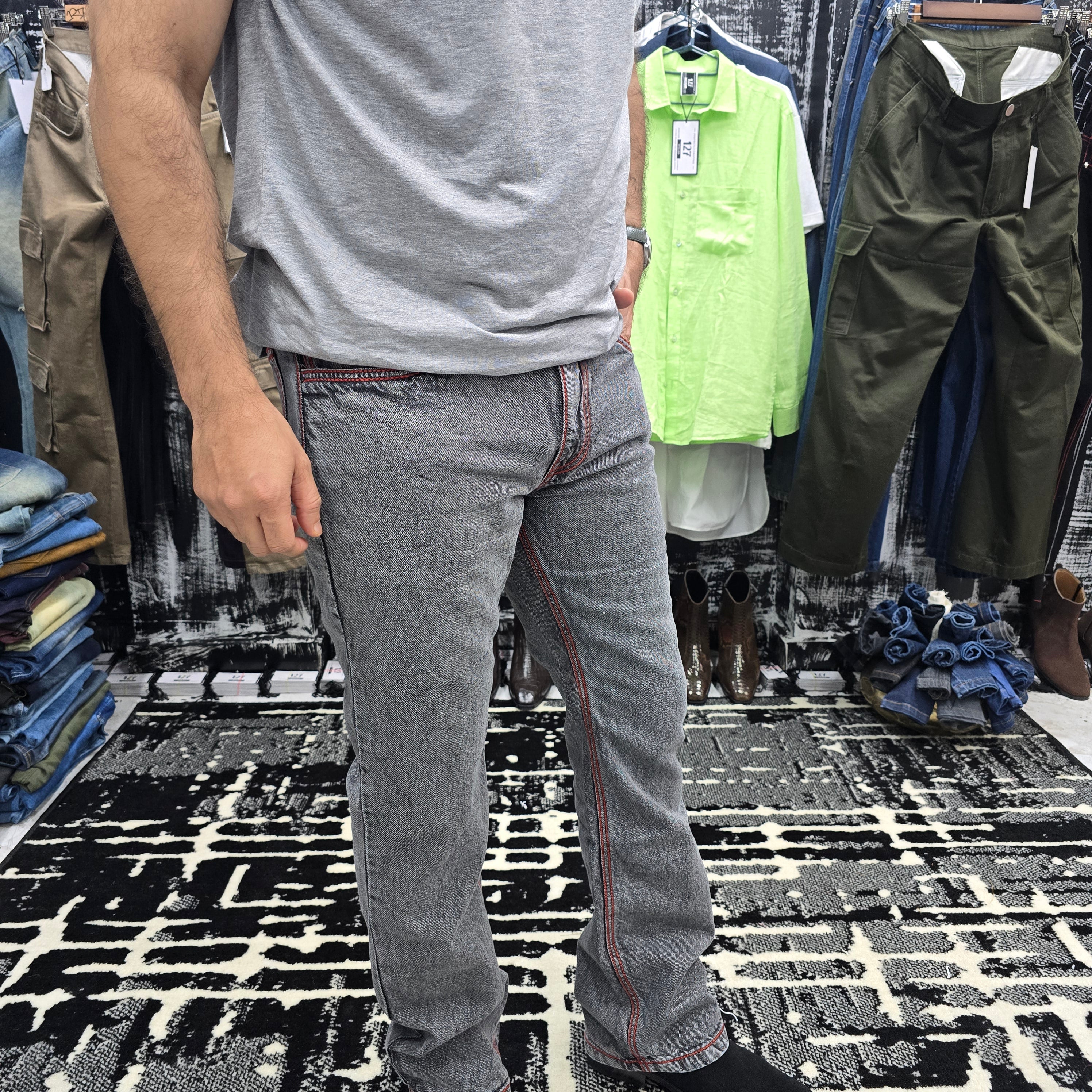 Ash Black Contrast Stitch Semi Bootcut Jeans