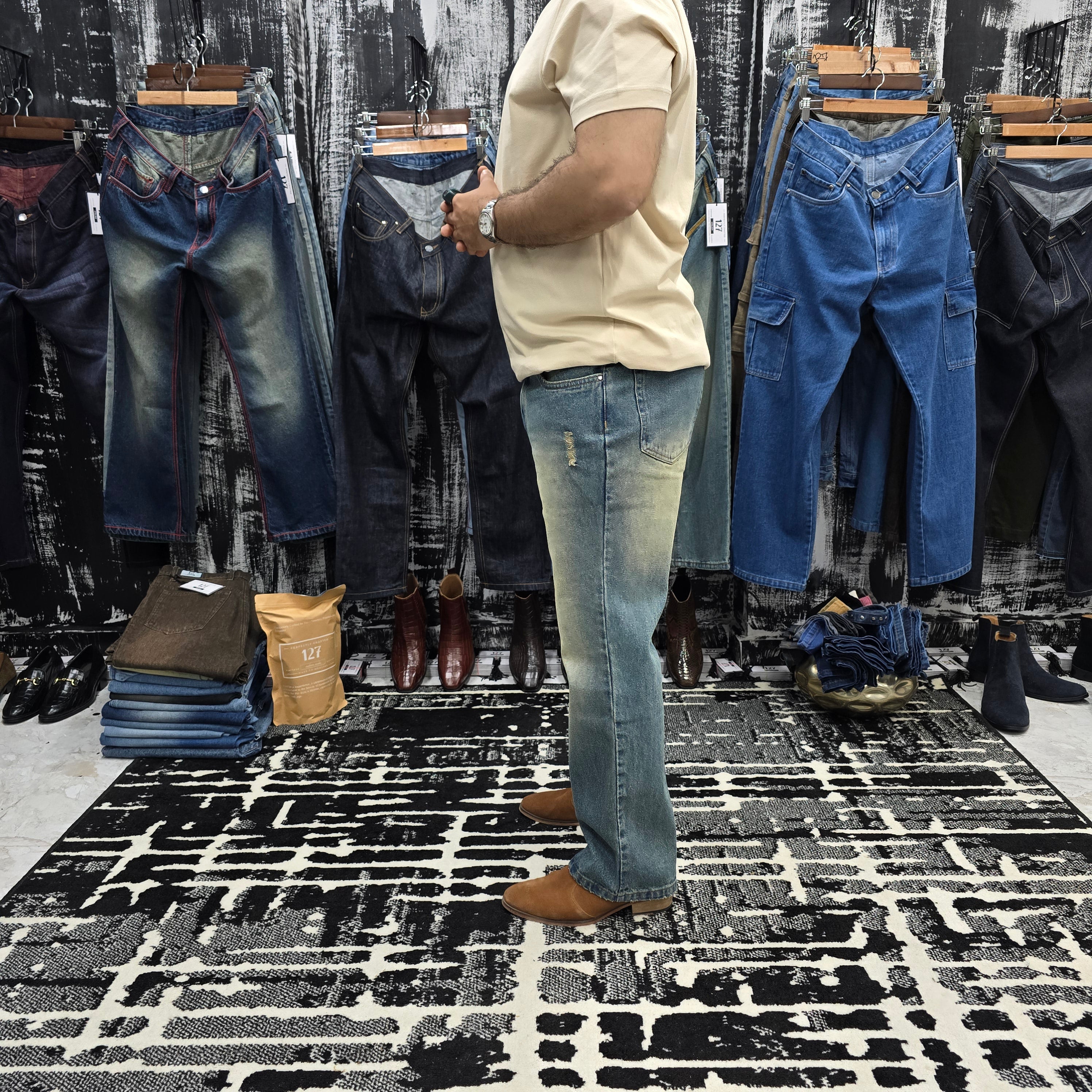 Dust Fade Semi Bootcut Jeans In Vintage Blue Wash