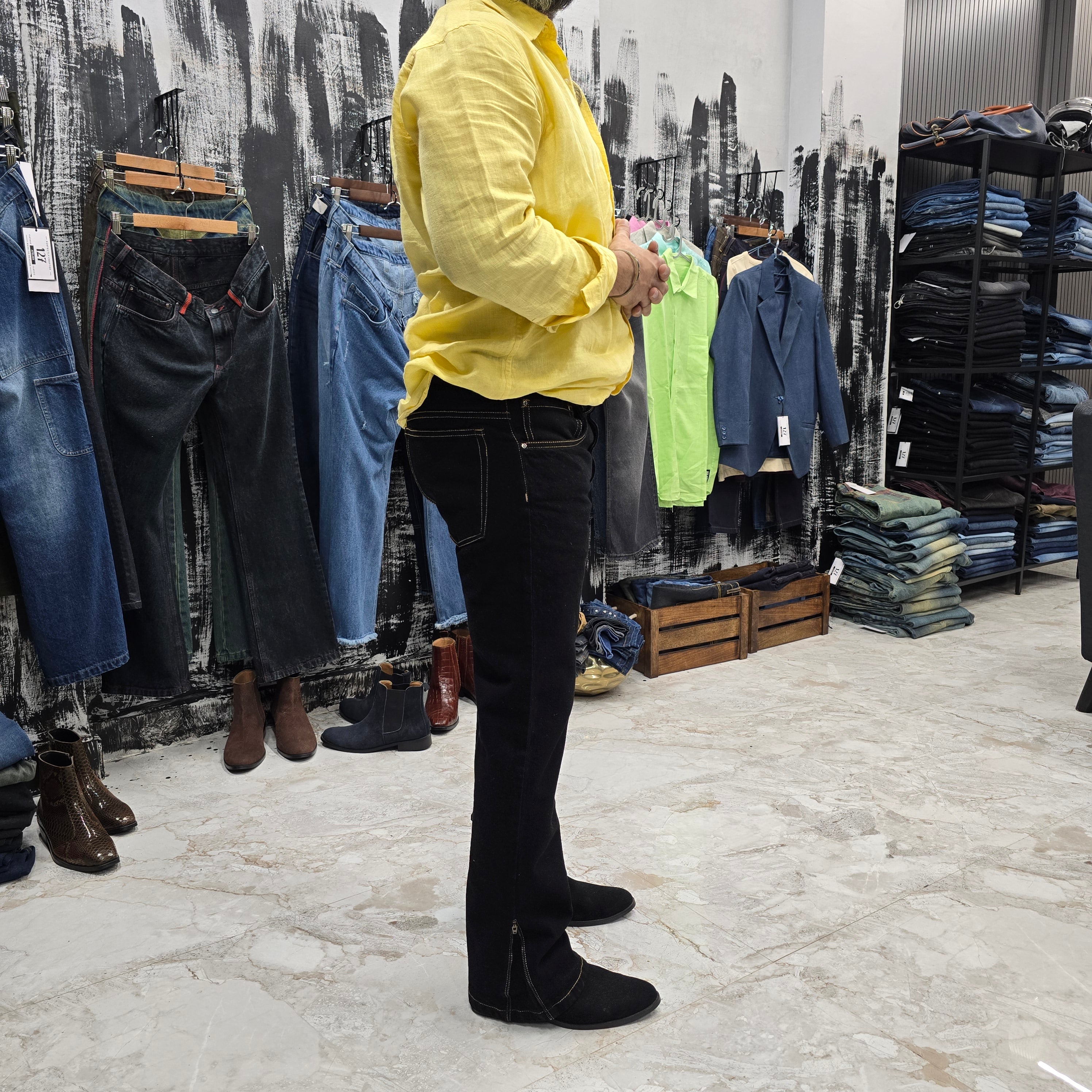 Jet Black Multifunctional Bottom Zip Jeans with Contrast Stitching