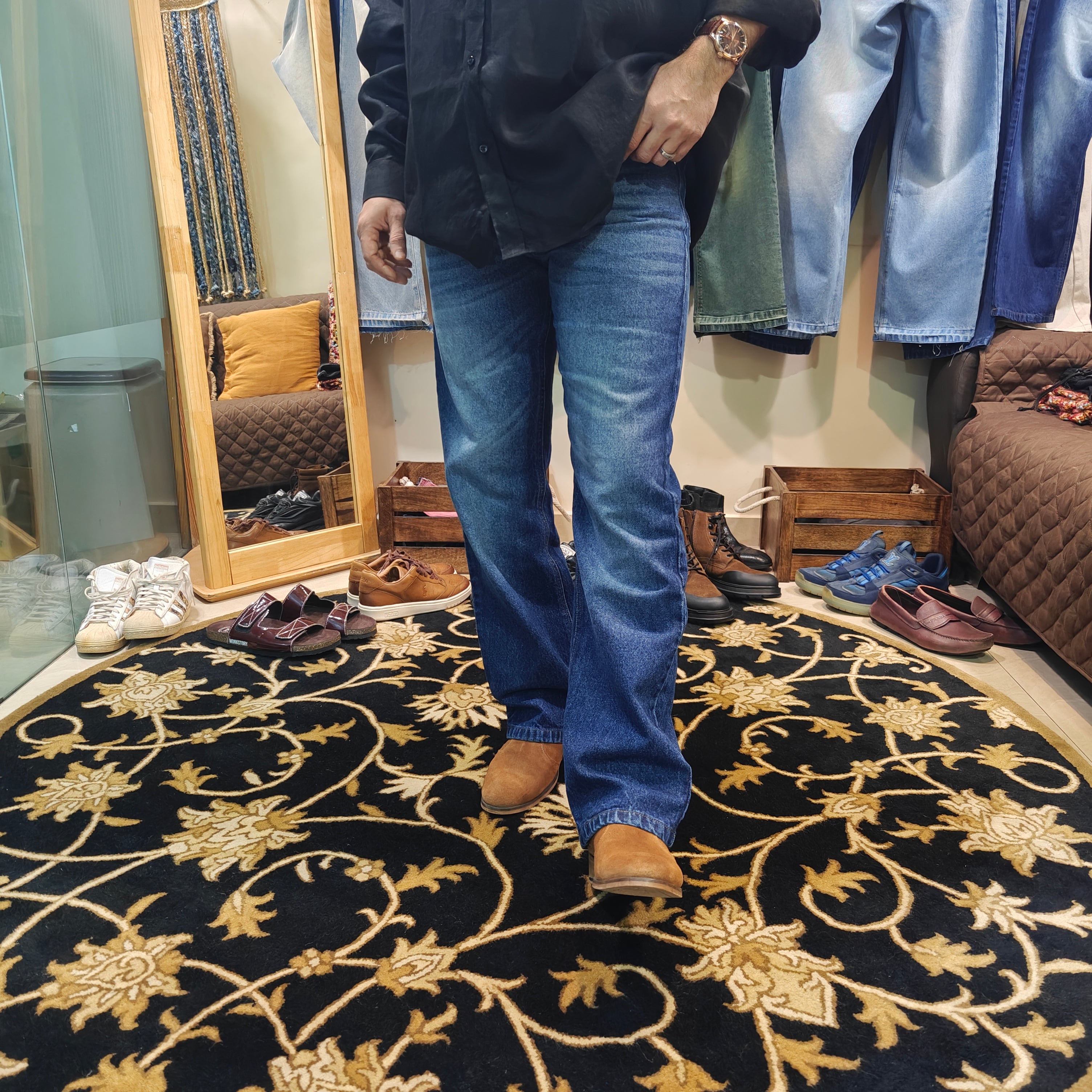 Classic Blue Semi Bootcut Jeans Whiskers Effect