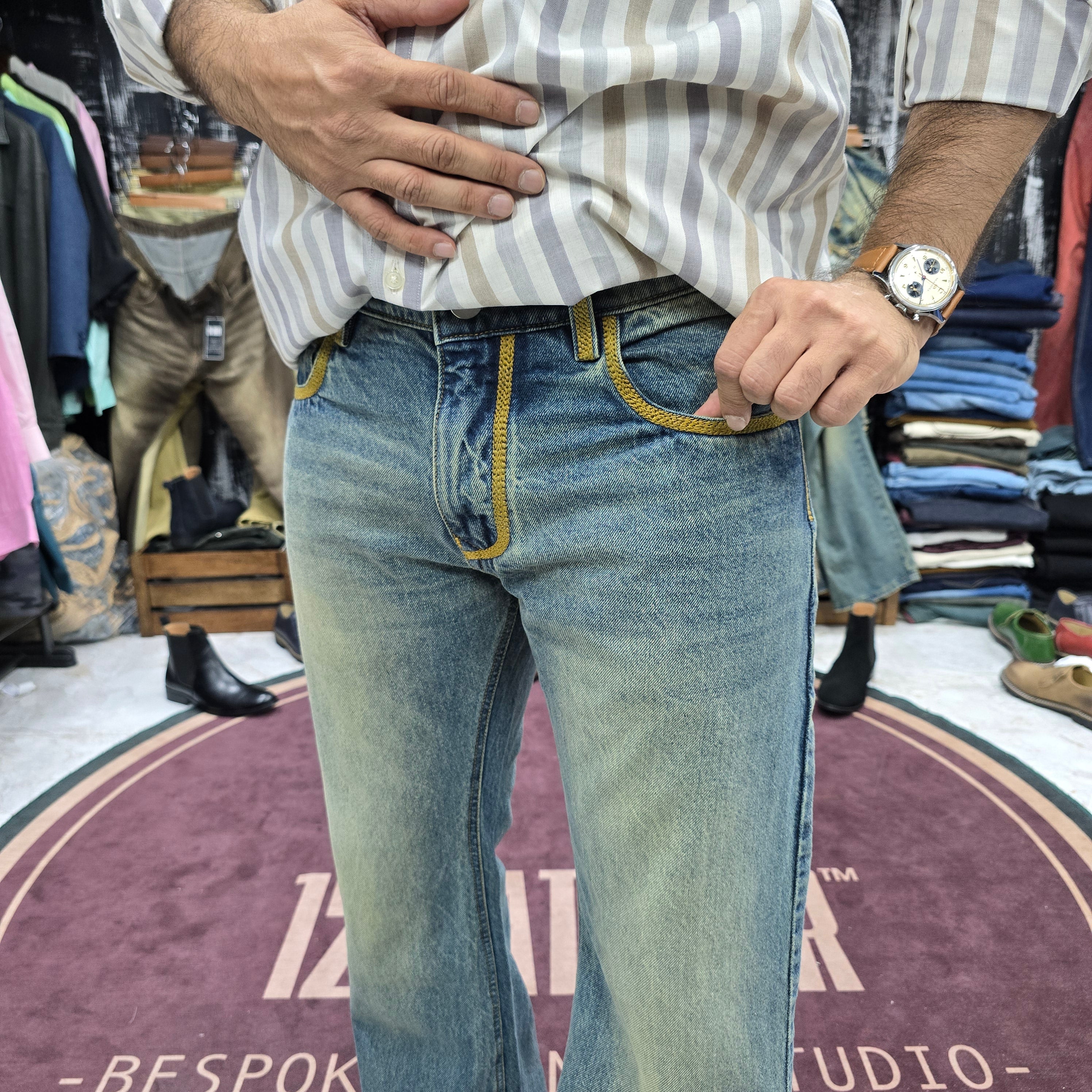 Dirty Blue Flared Bootcut Jean with Hand-Stitched Contrast Embroidery