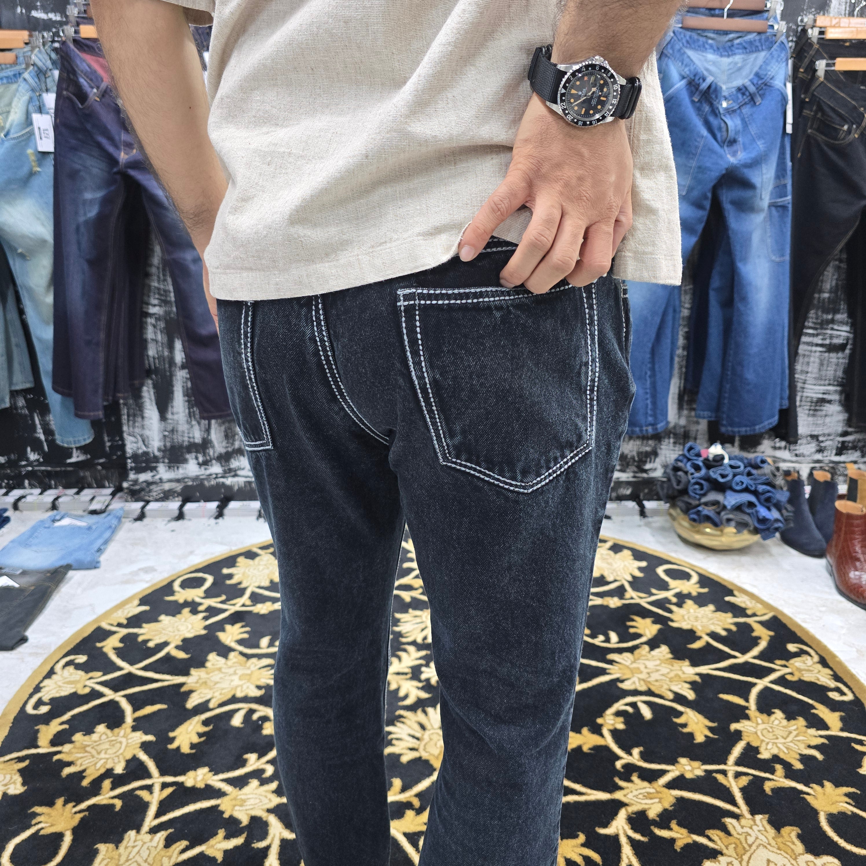Midnight Black Semi Bootcut Jeans with Bold Contrast Stitching