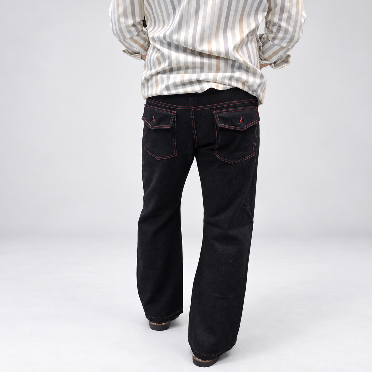 Jet Black Semi Bootcut Jeans with Red Contrast Stitching