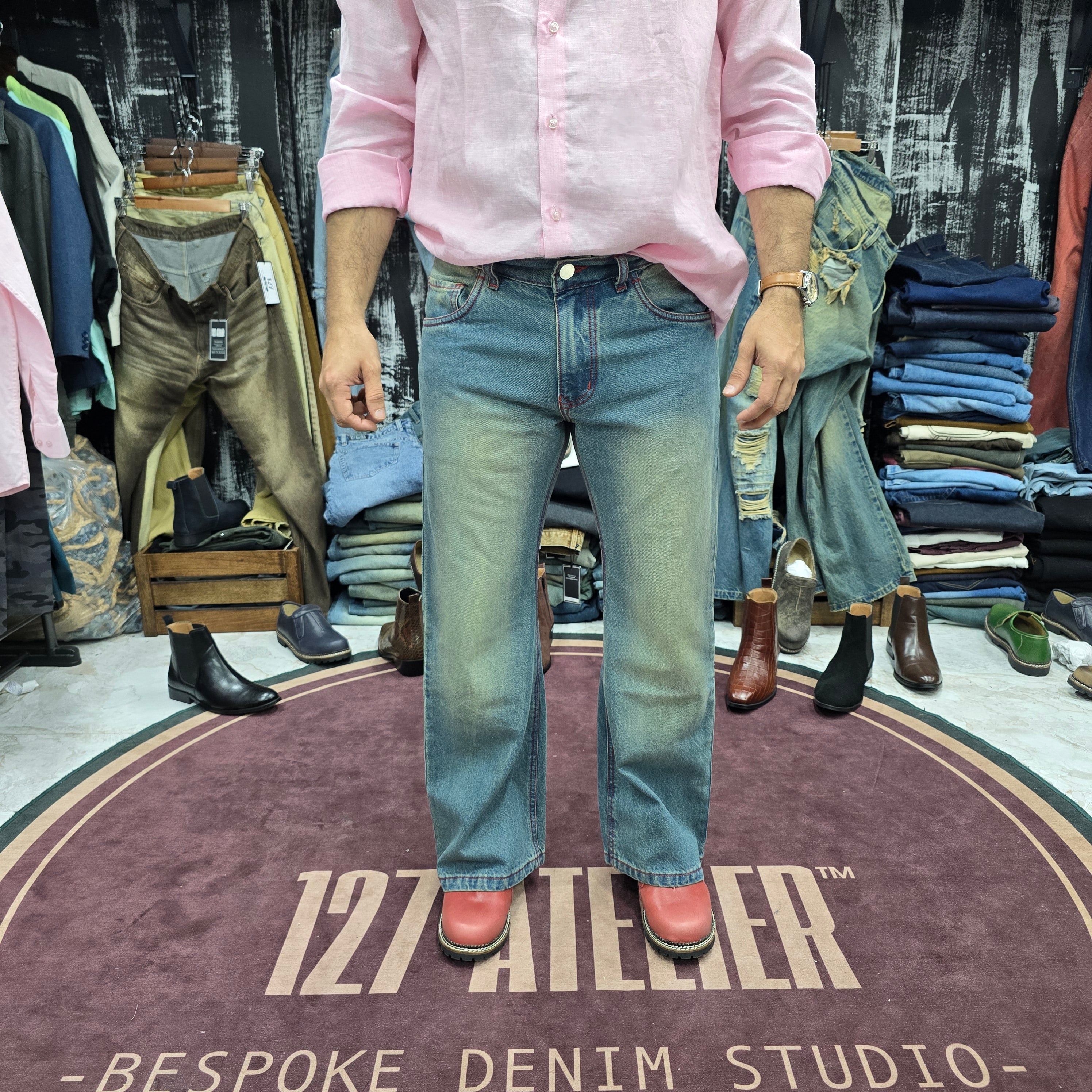 Vintage Monkey Wash Bootcut Jeans With Red Contrast stitching