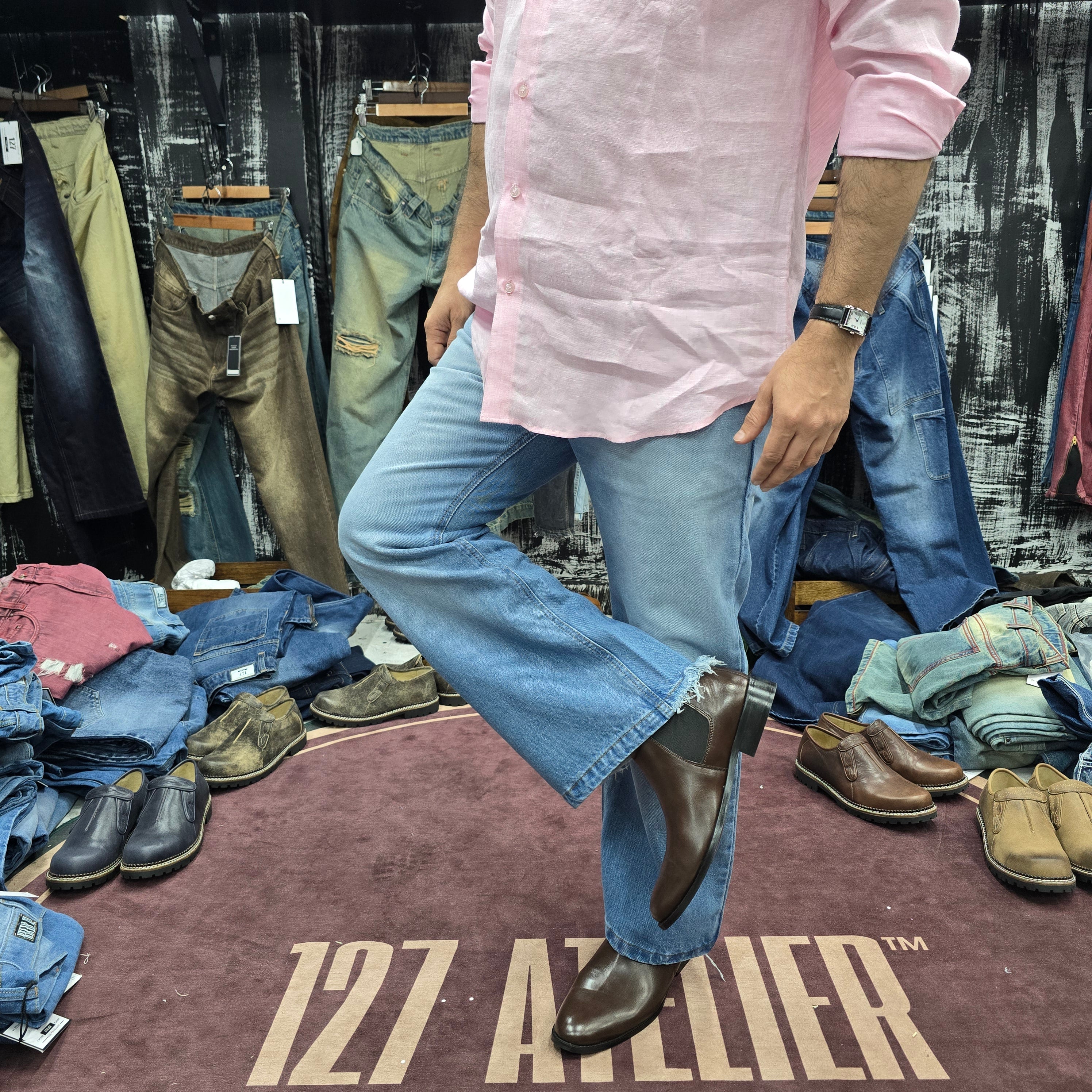 Sky Blue Vintage Bootcut Jeans with Asymmetric Hem