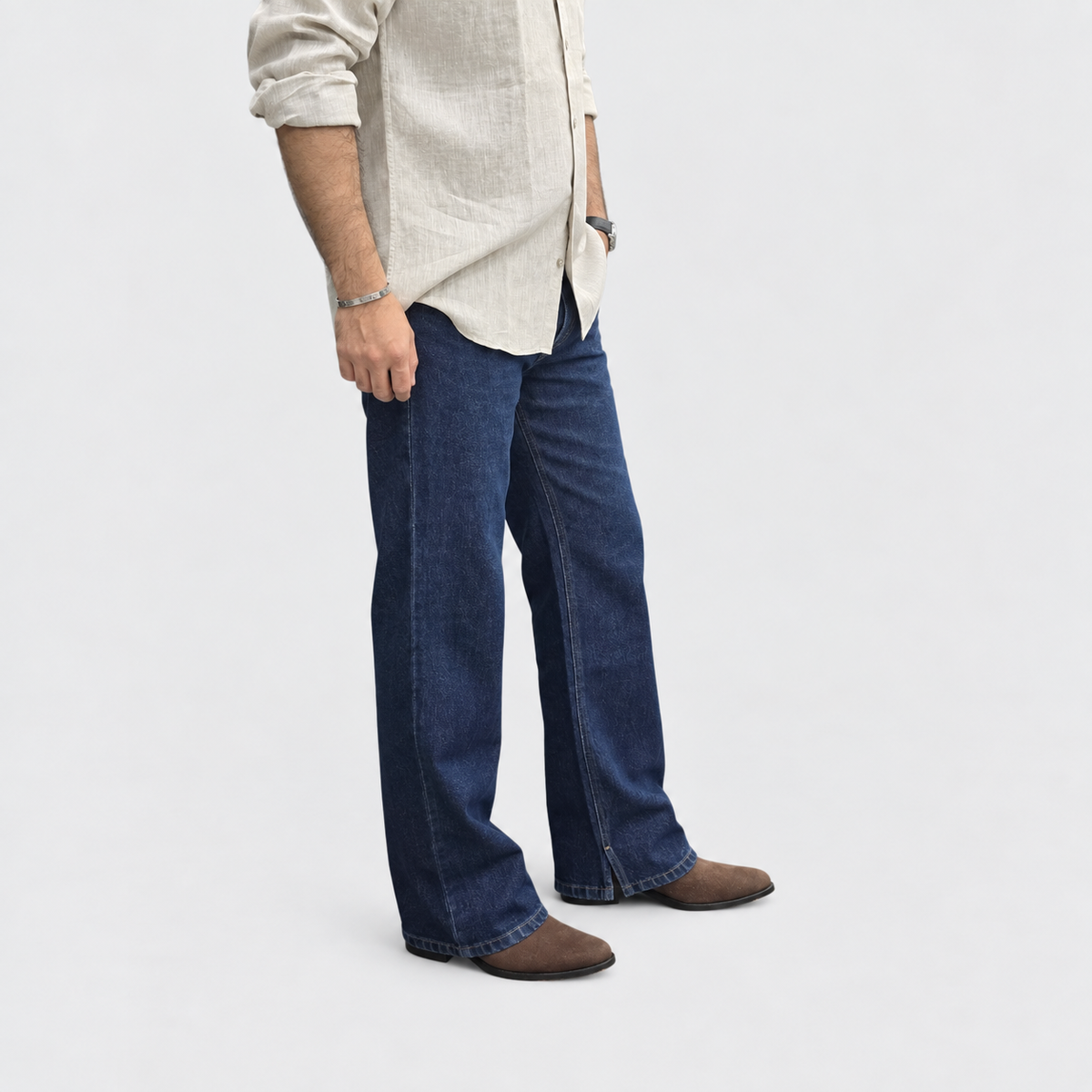 Midnight Raw Straight Wide-Leg Jeans with Inner Side Slit