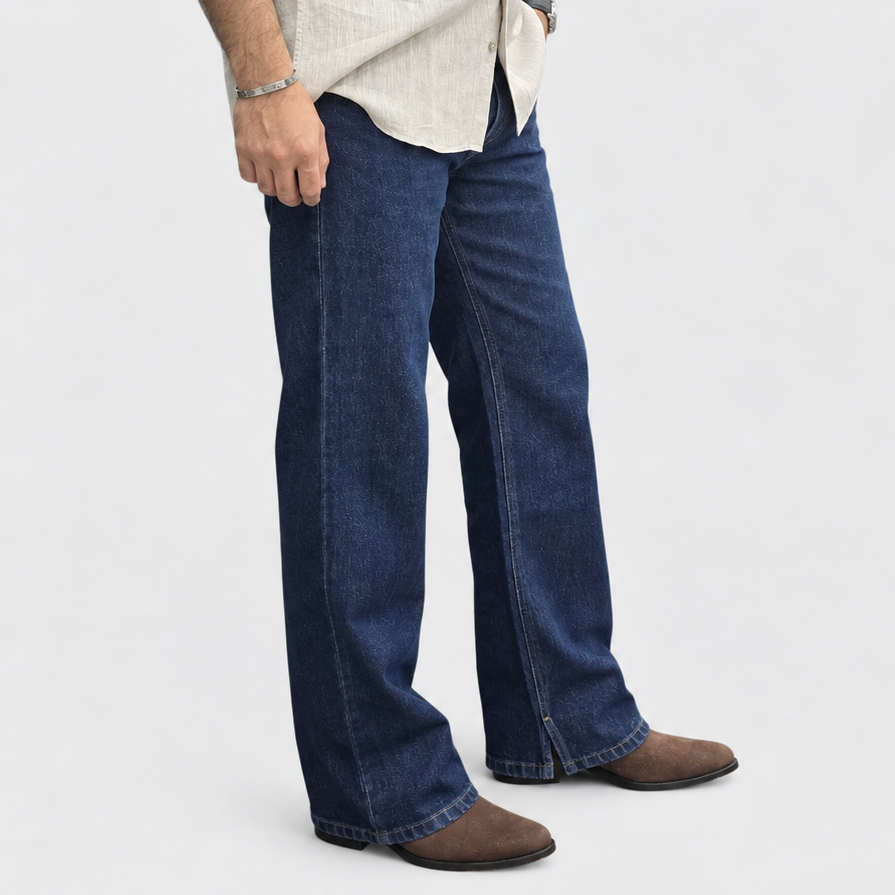 Midnight Raw Straight Wide-Leg Jeans with Inner Side Slit