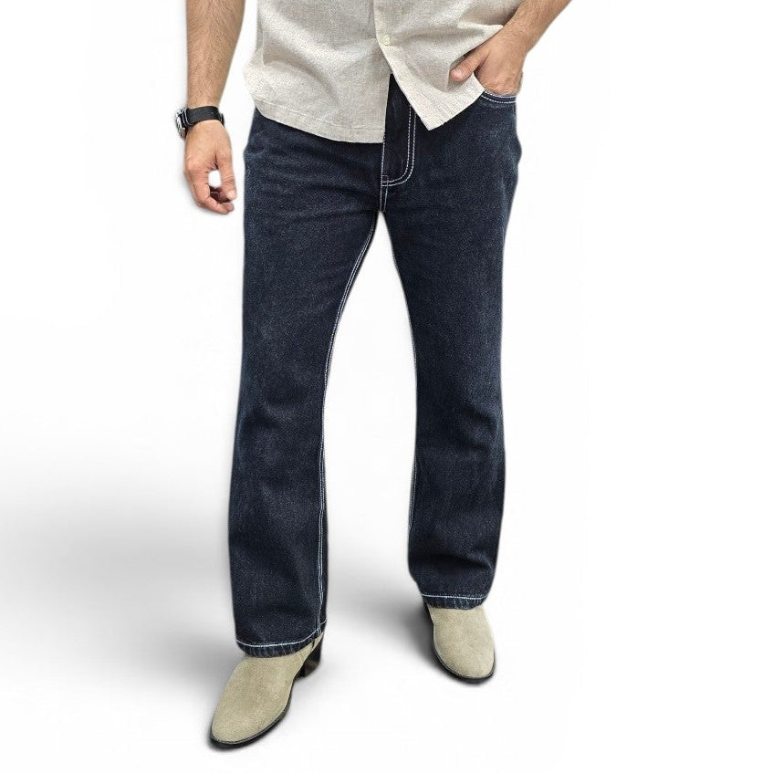 Midnight Black Semi Bootcut Jeans with Bold Contrast Stitching