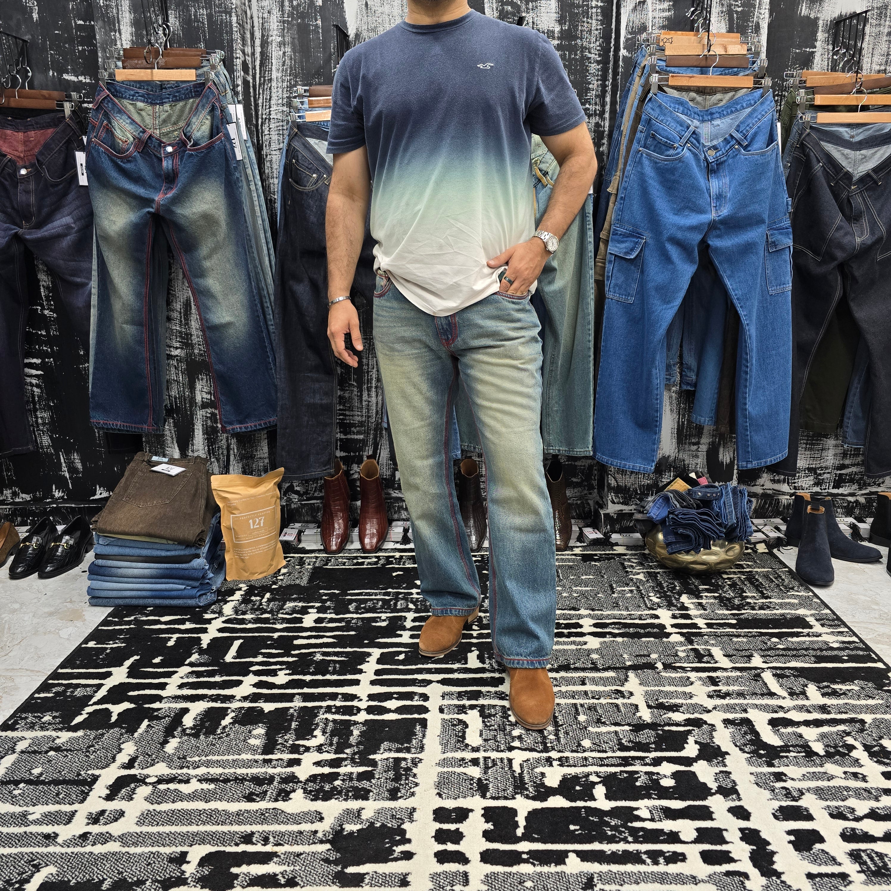 Vintage Ice Blue Semi Bootcut Jeans With Contrast Stitch Edition