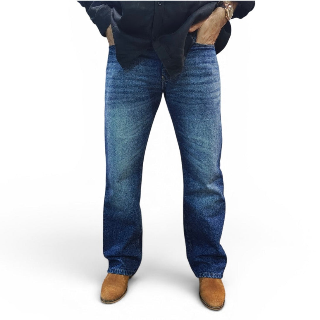 Classic Blue Semi Bootcut Jeans Whiskers Effect