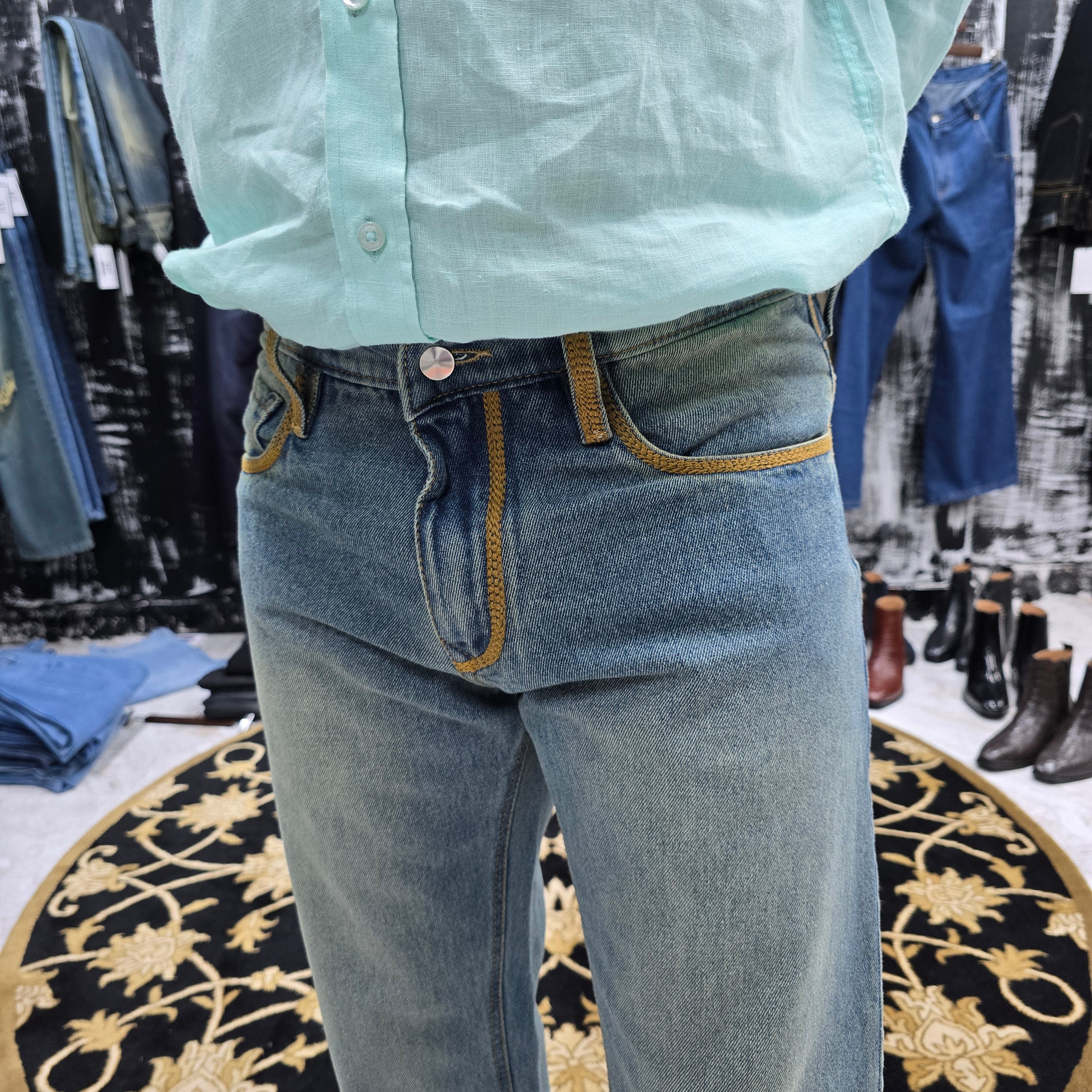 Vintage Sky Blue Jeans with Mustard Embroidered Detailing