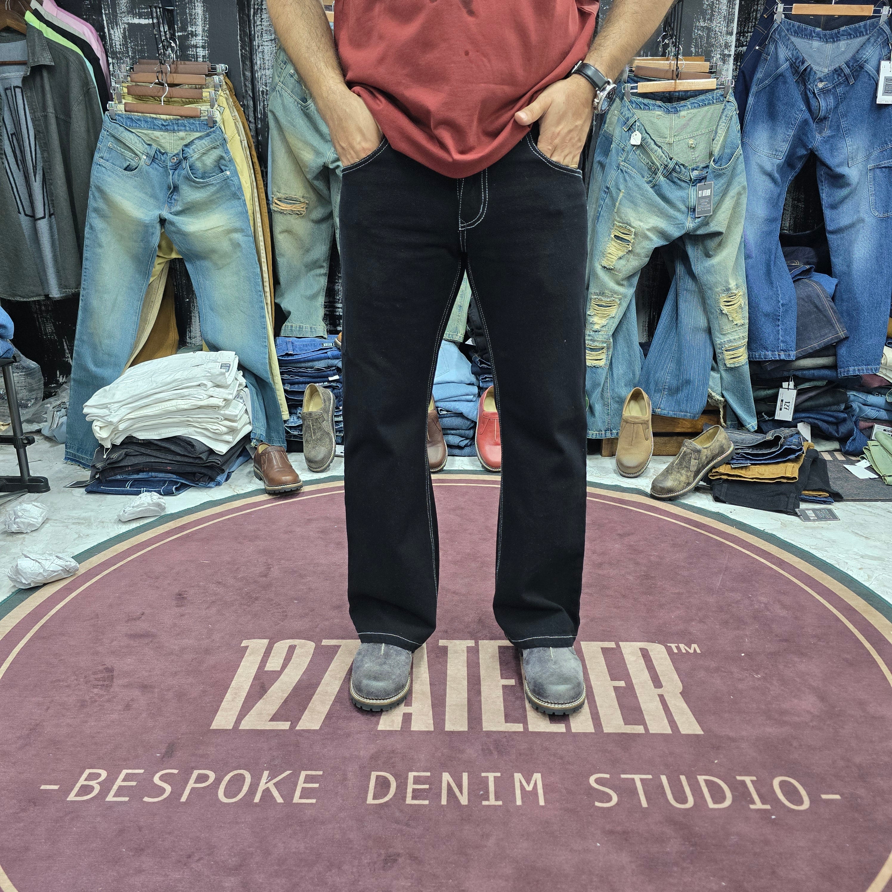 Jet Black Semi Bootcut Jeans With White Contrast Stitching