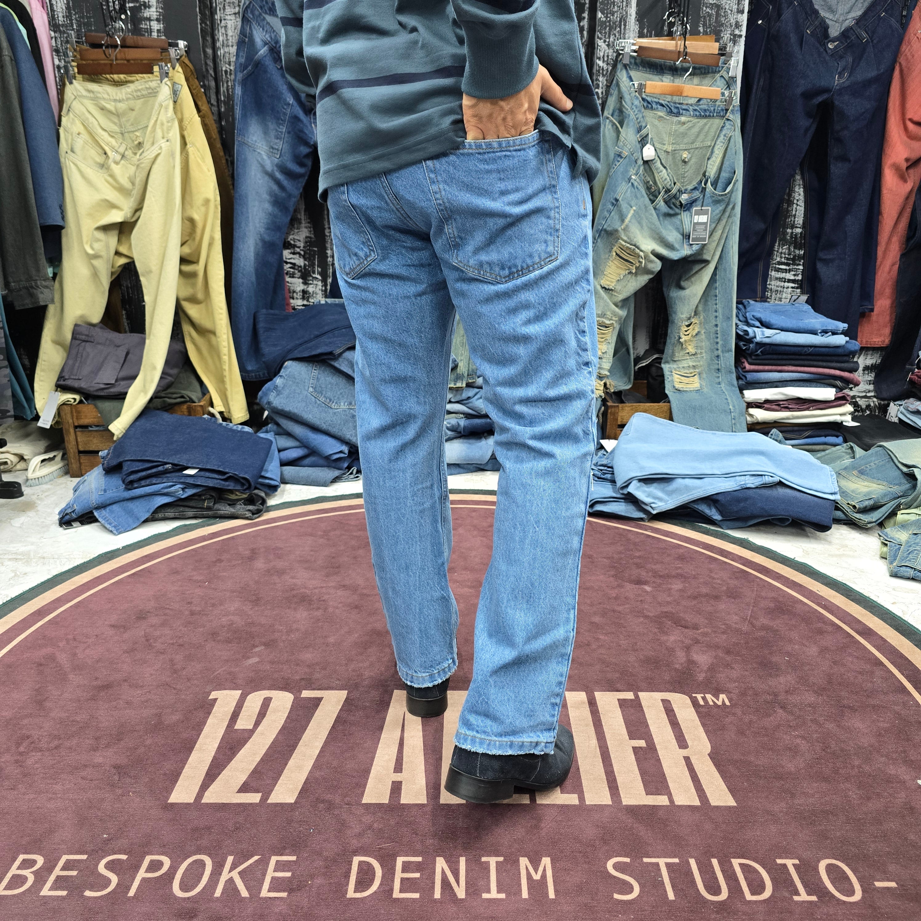Straight Fit Distressed Jeans In Light Blue Wash