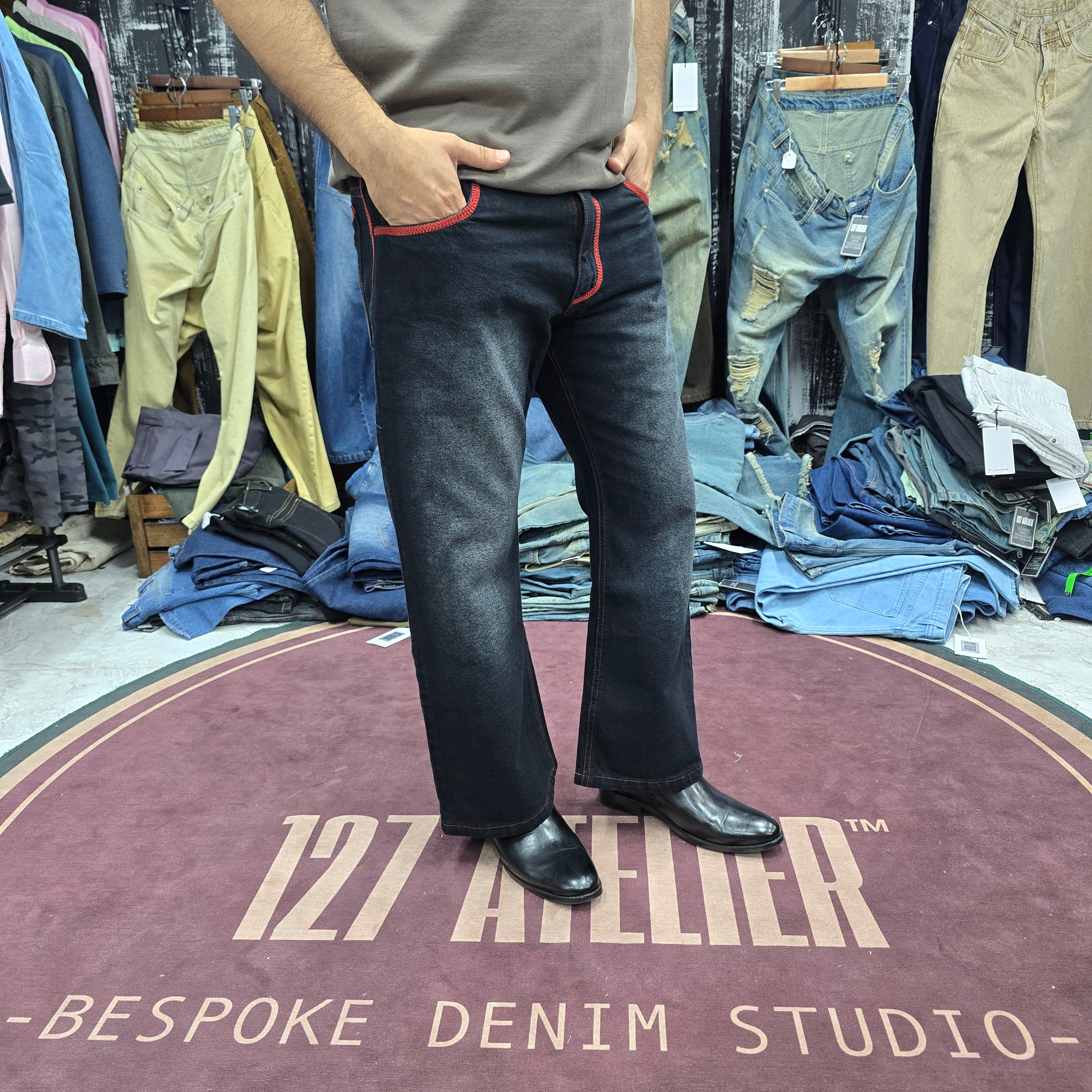 Black Bootcut Jeans With Red Stitch Detail