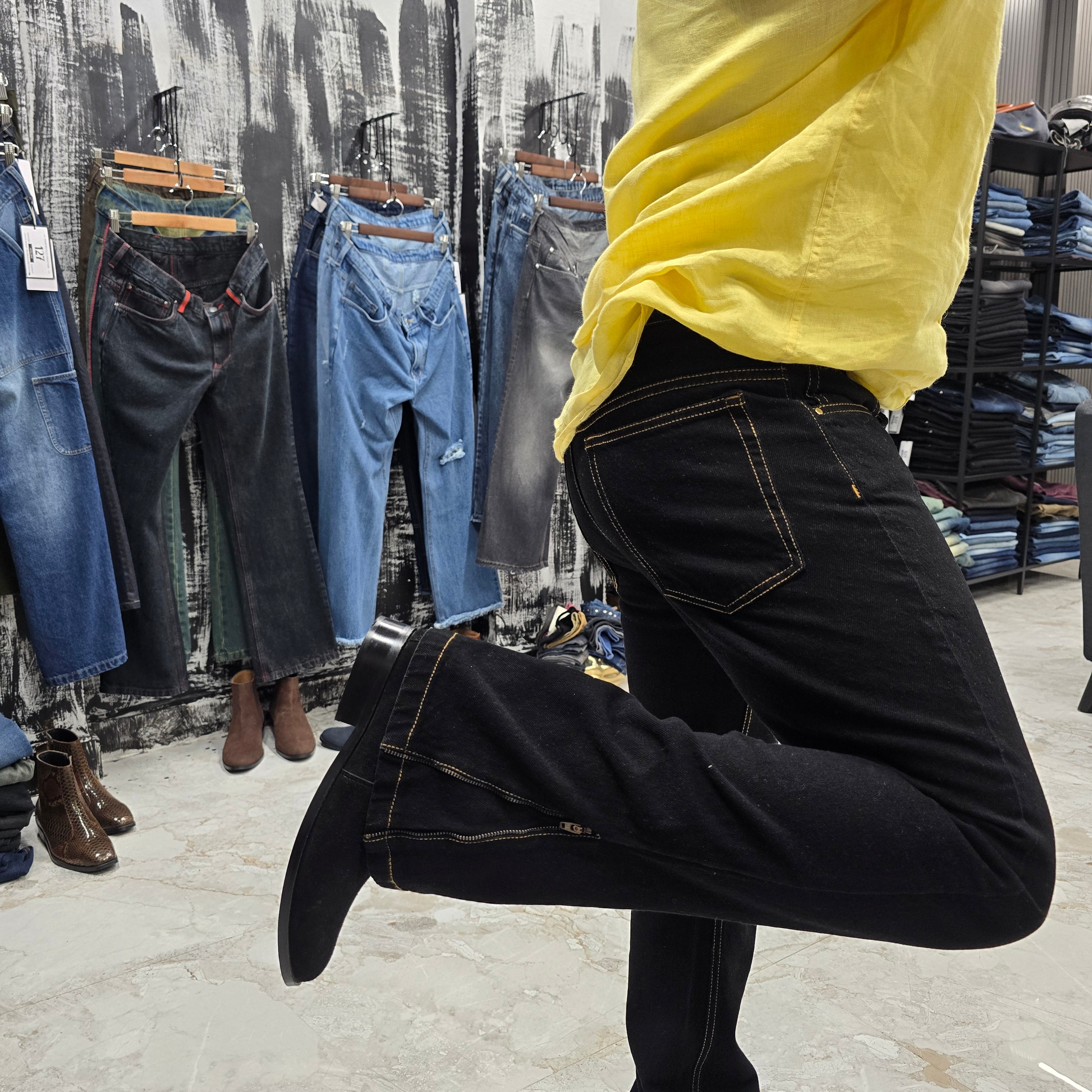 Jet Black Multifunctional Bottom Zip Jeans with Contrast Stitching