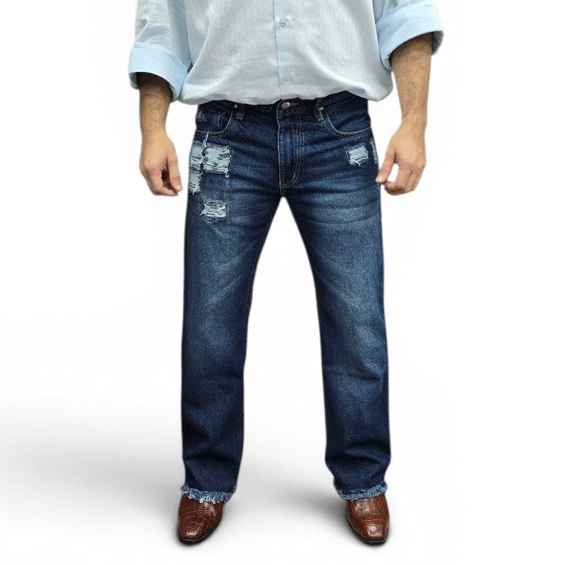 Distressed Indigo Semi Bootcut Jeans