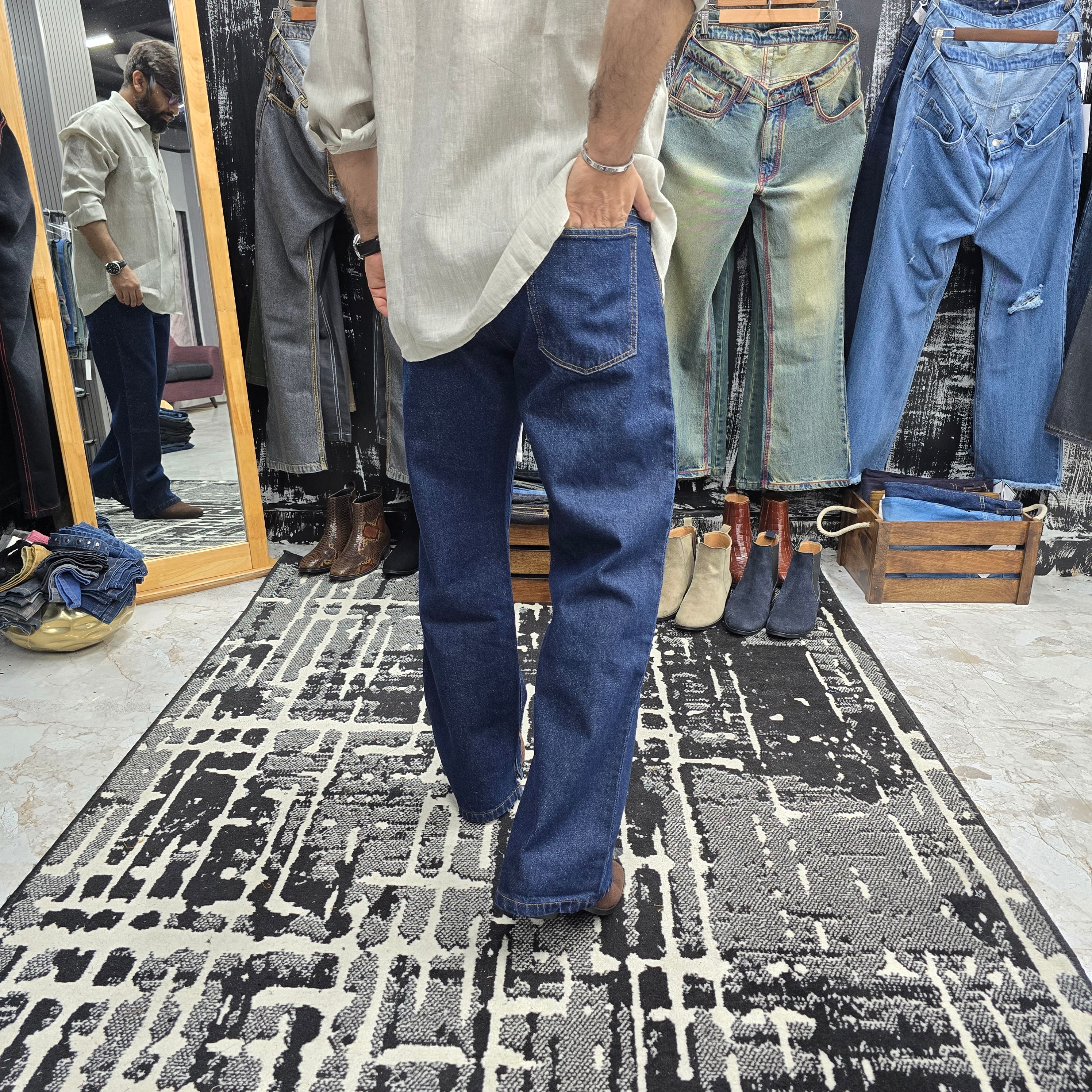 Midnight Raw Straight Wide-Leg Jeans with Inner Side Slit