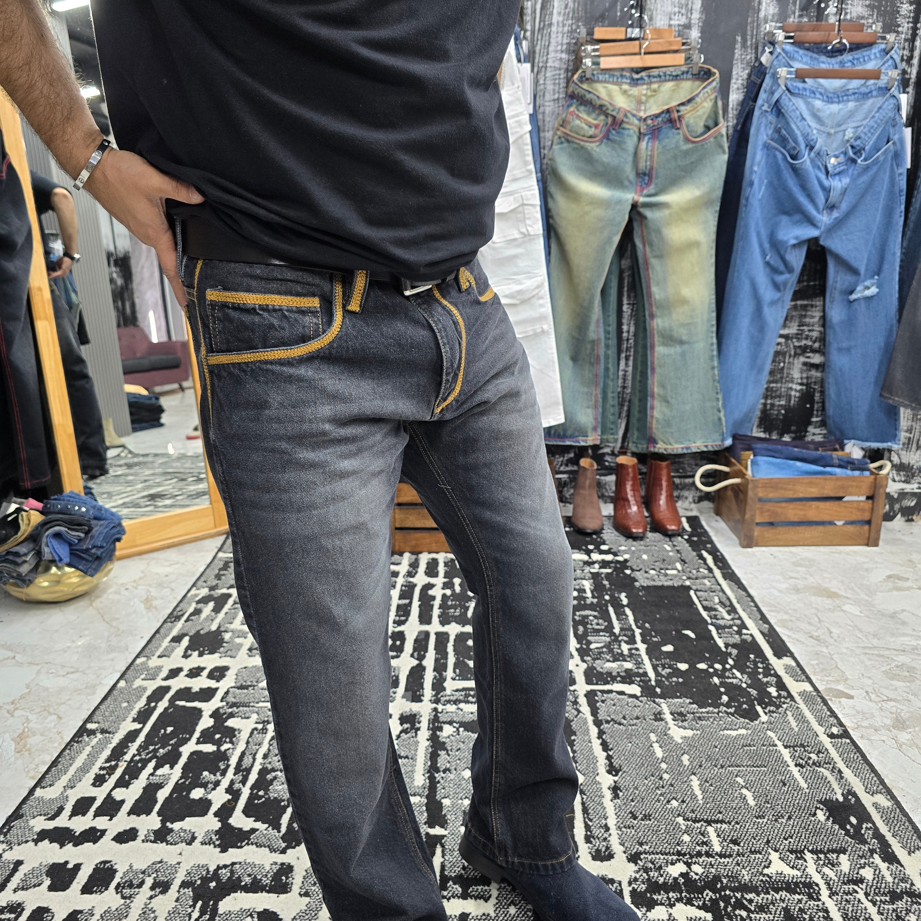 Carbon Black Whiskers Multifunctional Bottom Zip Jeans